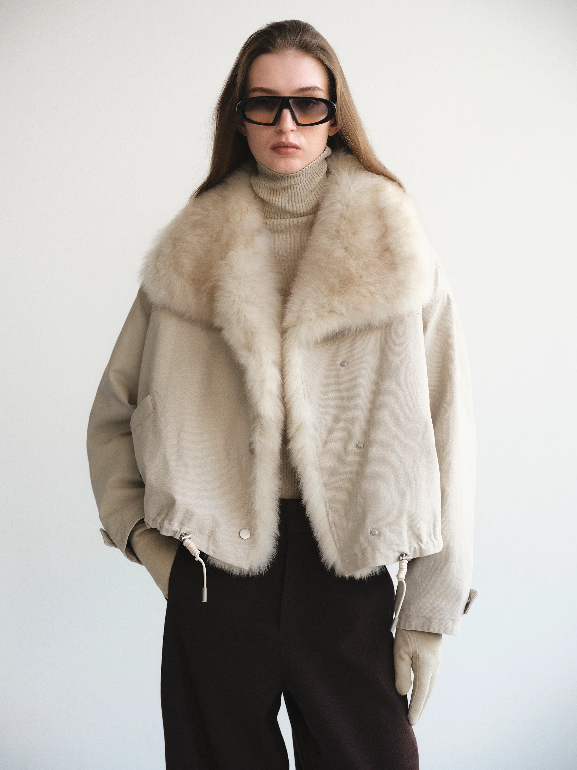 Cotton Canvas Fur Jacket, Beige - Image 3