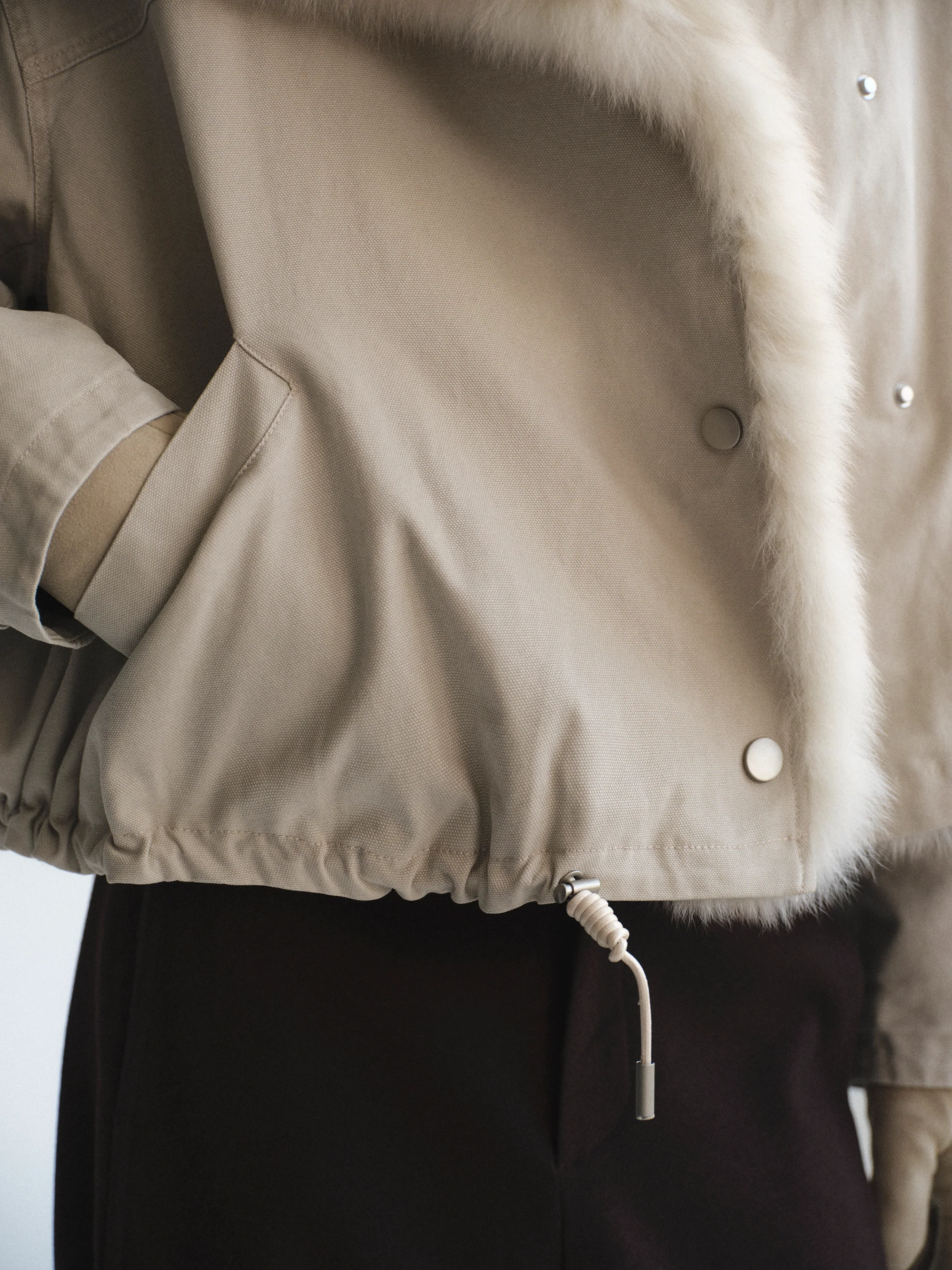 Cotton Canvas Fur Jacket, Beige - Image 4