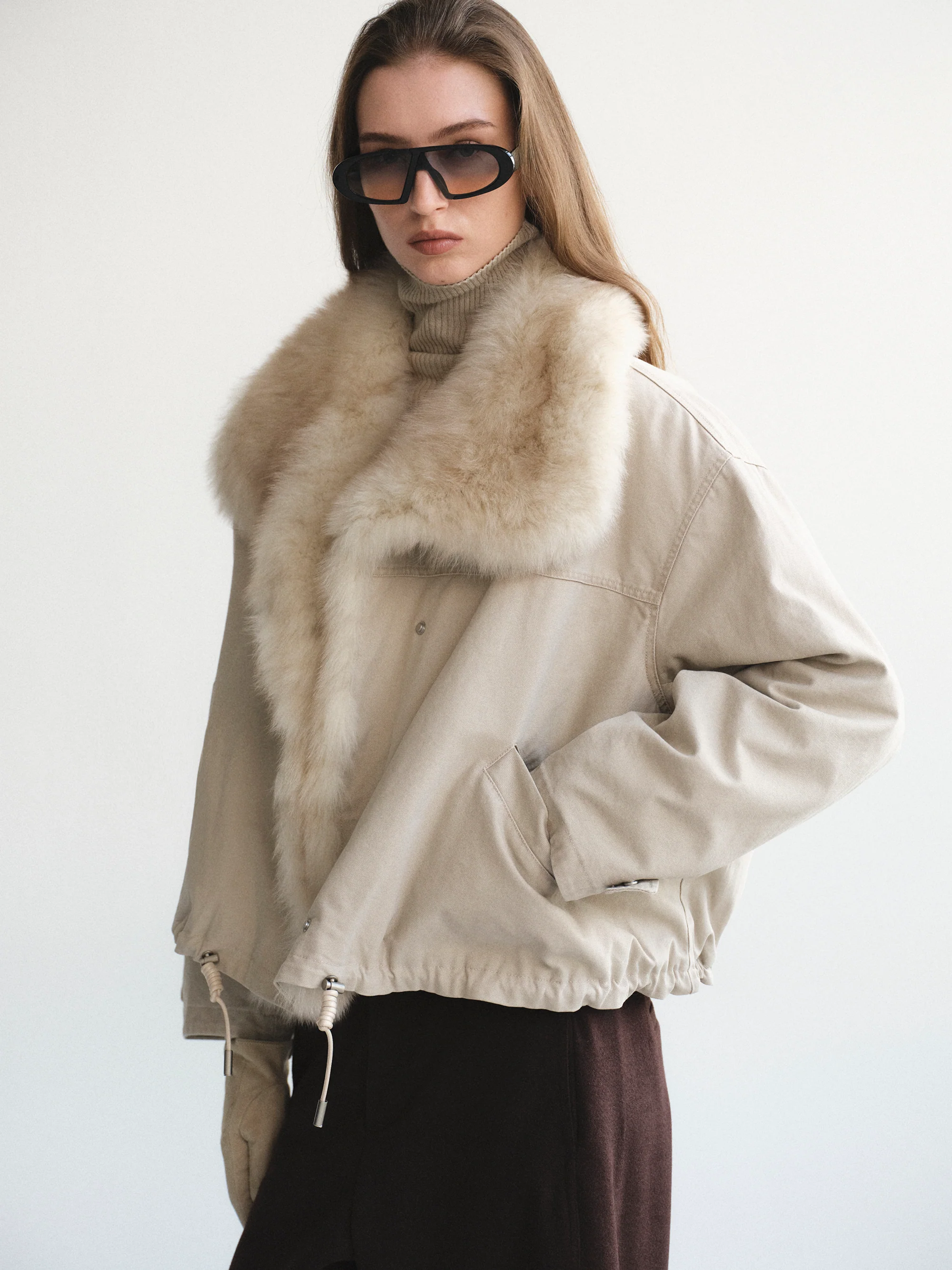 Cotton Canvas Fur Jacket, Beige - Image 5