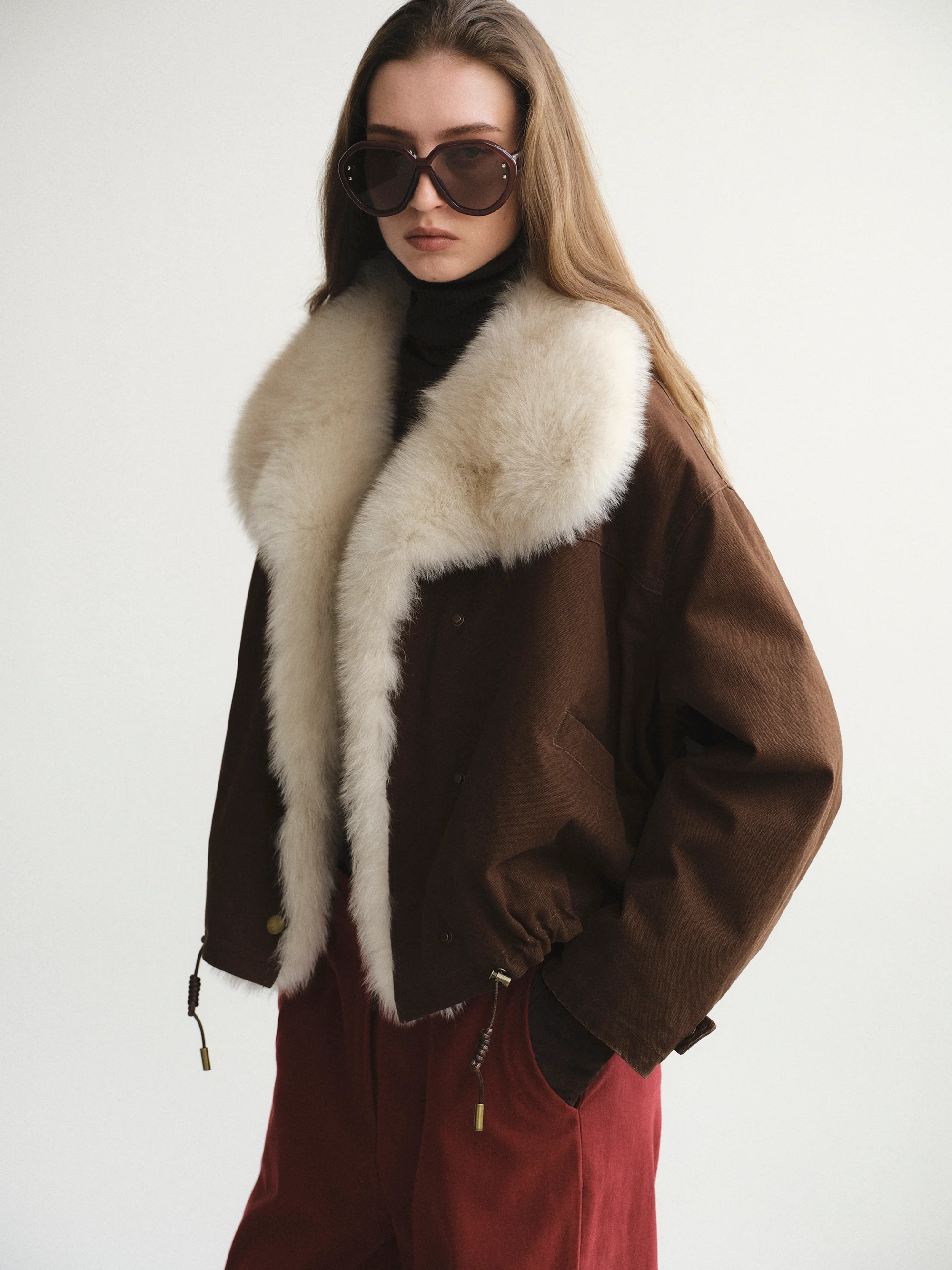 Cotton Canvas Fur Jacket, Brown - Image 6