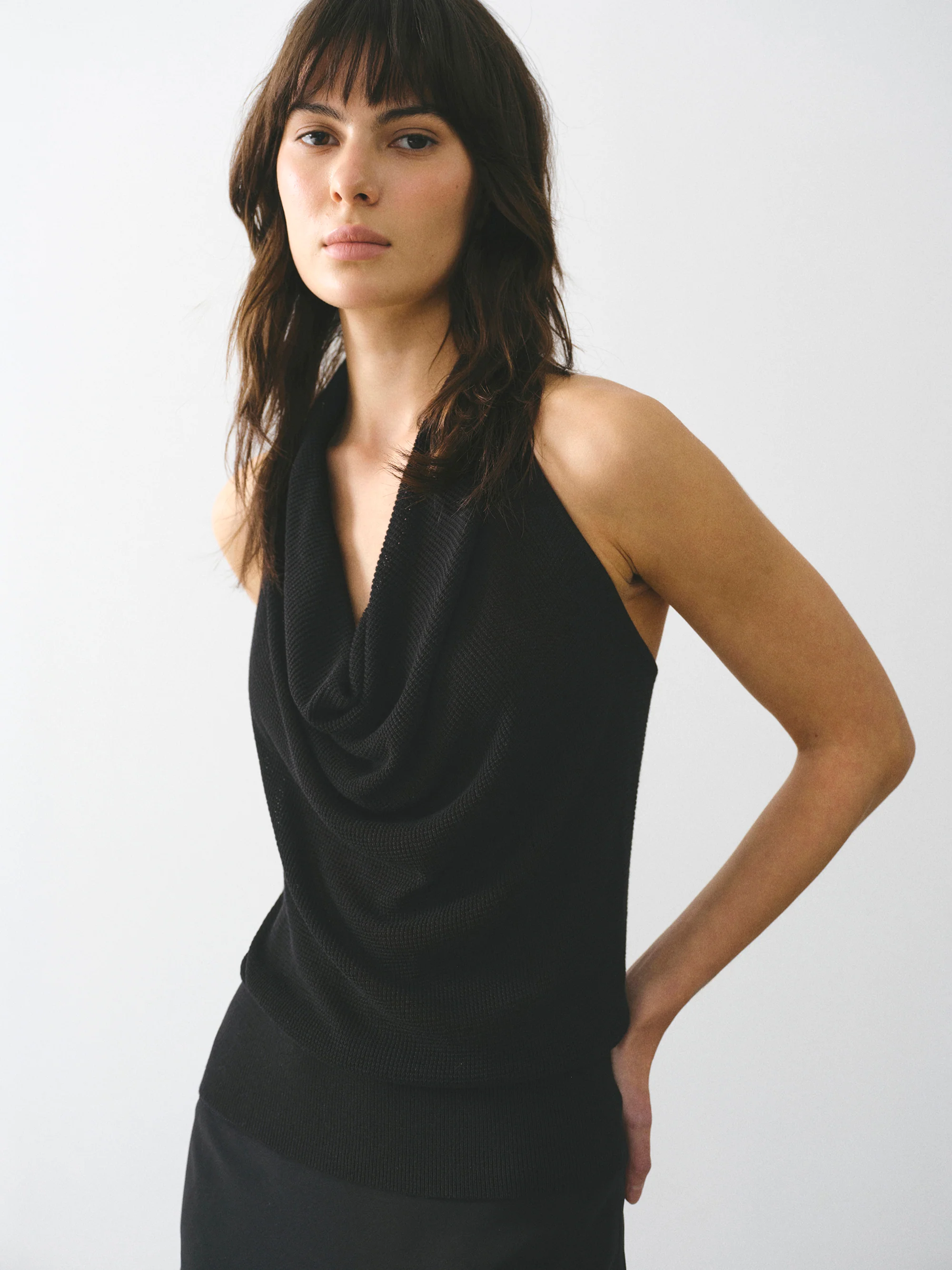 Cowl-Neck Halter Knit Top, Black