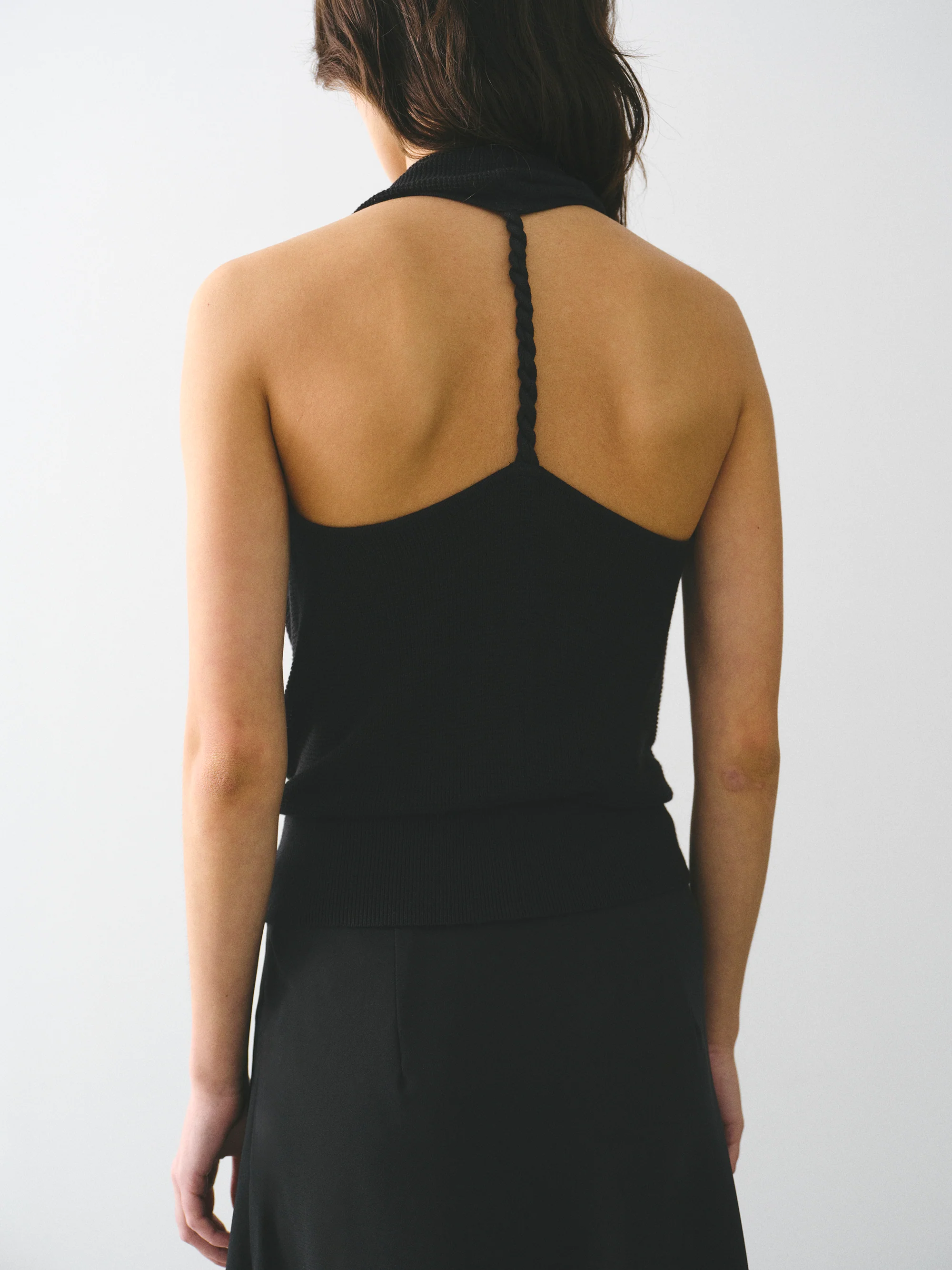 Cowl-Neck Halter Knit Top, Black - Image 2