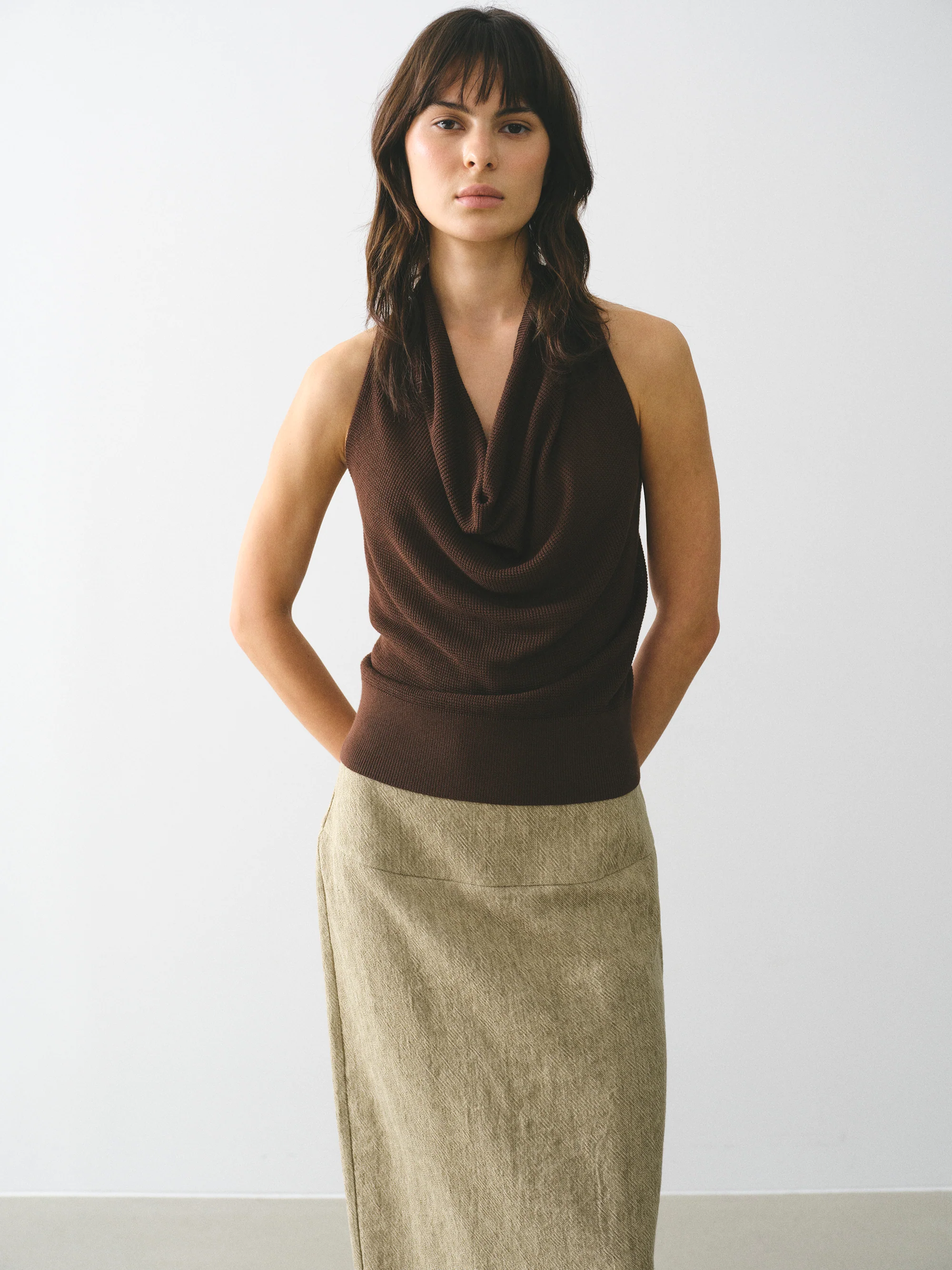 Cowl-Neck Halter Knit Top, Brown