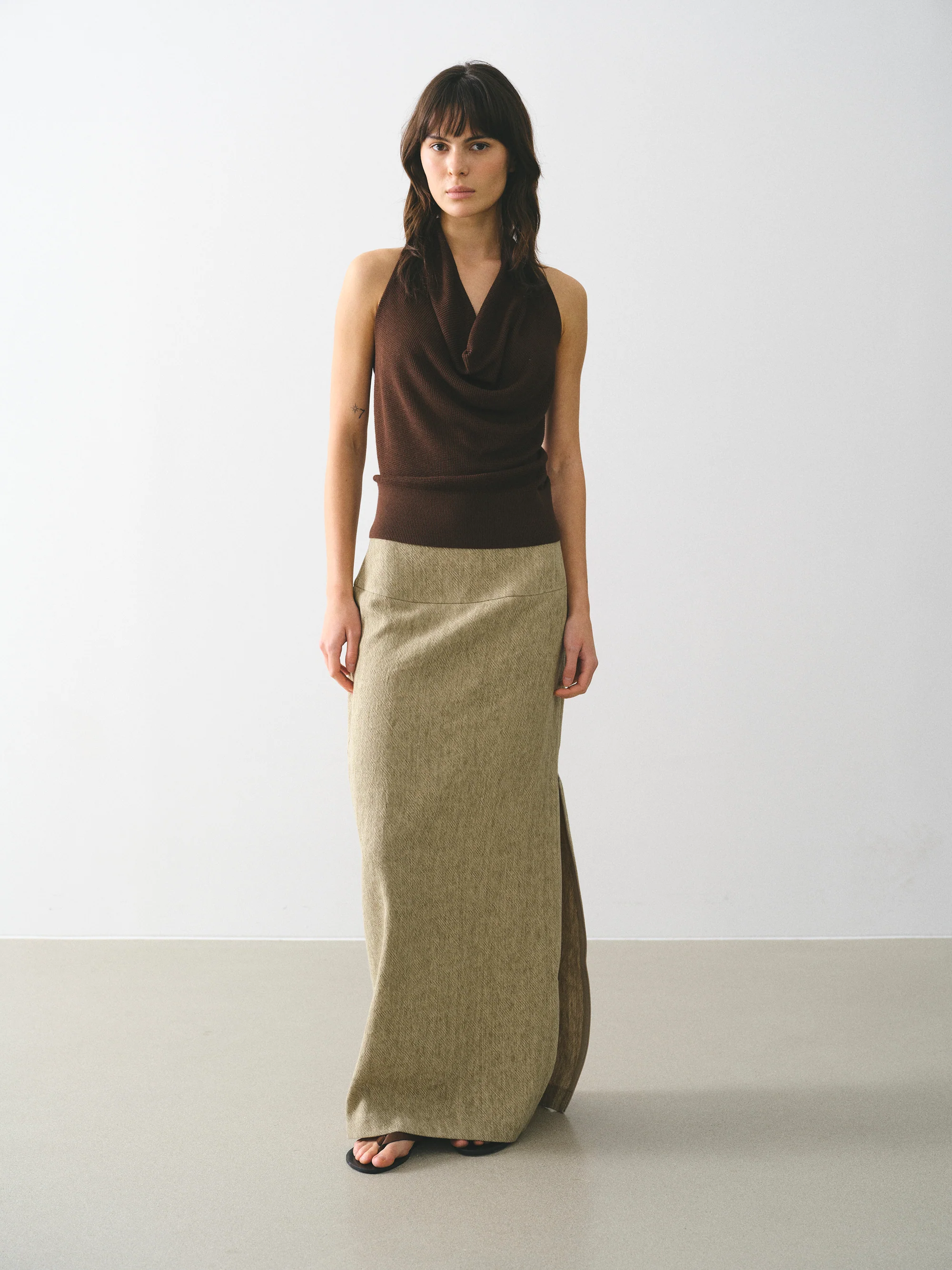 Cowl-Neck Halter Knit Top, Brown - Image 2