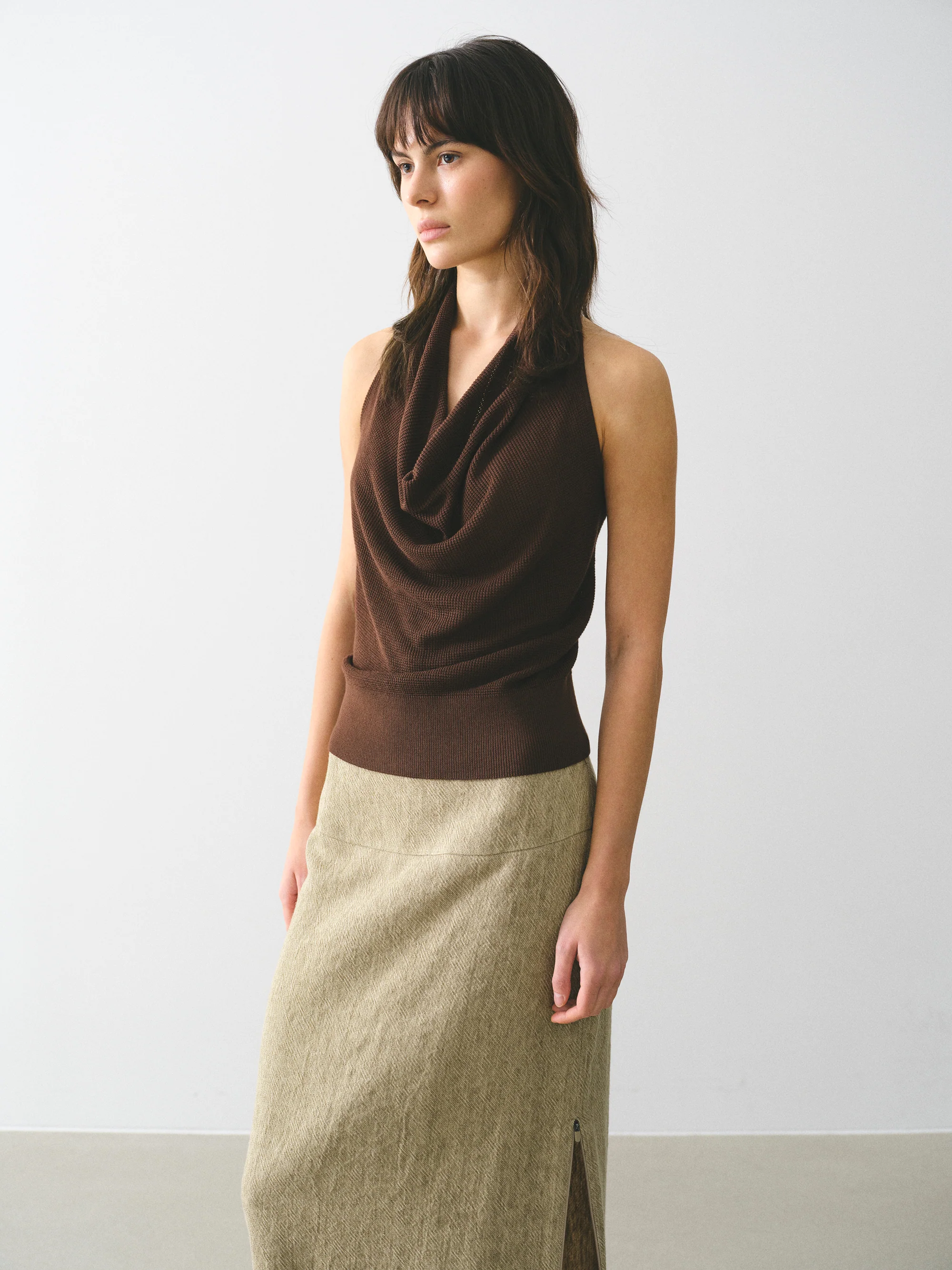 Cowl-Neck Halter Knit Top, Brown - Image 4