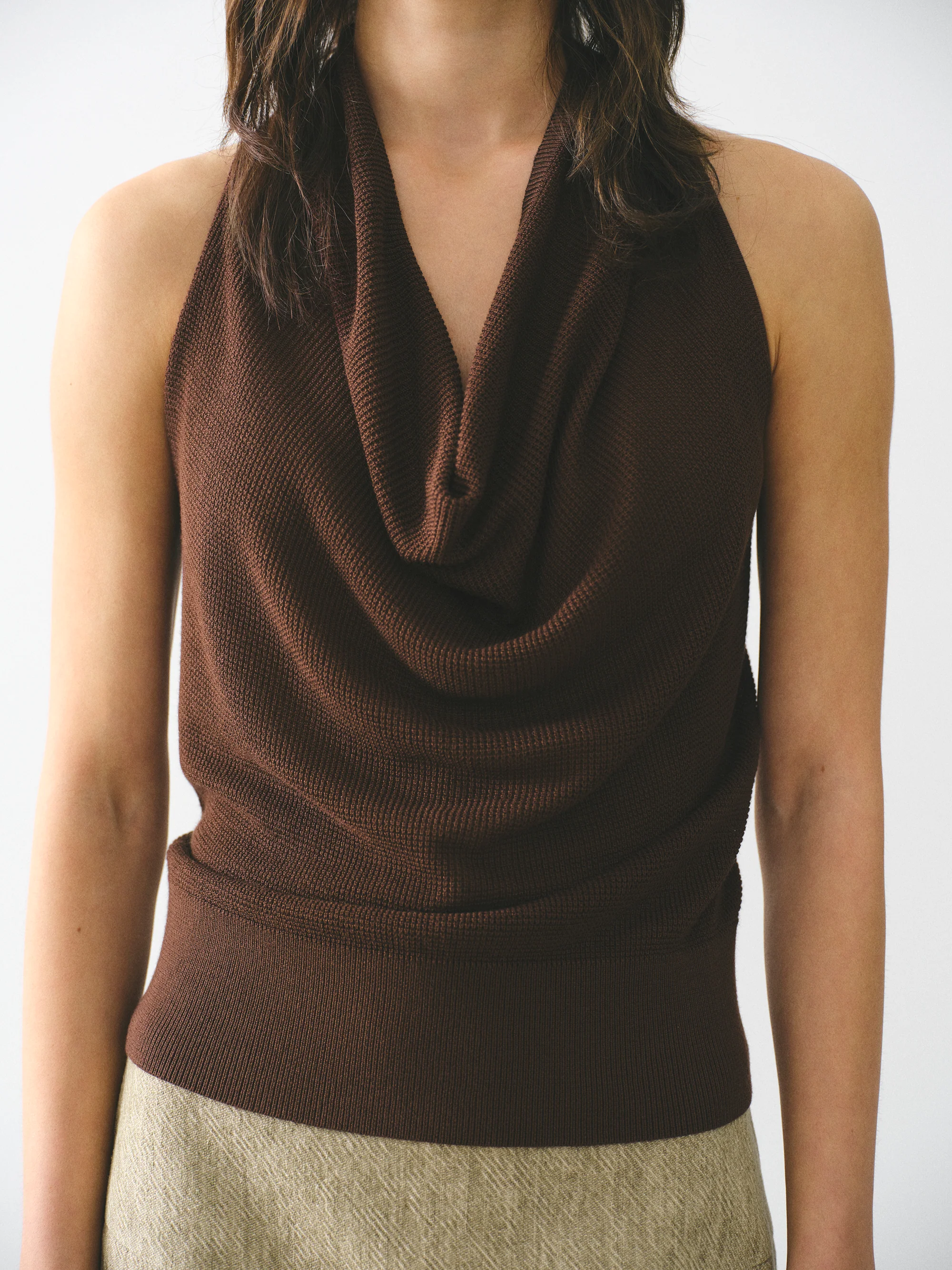 Cowl-Neck Halter Knit Top, Brown - Image 5
