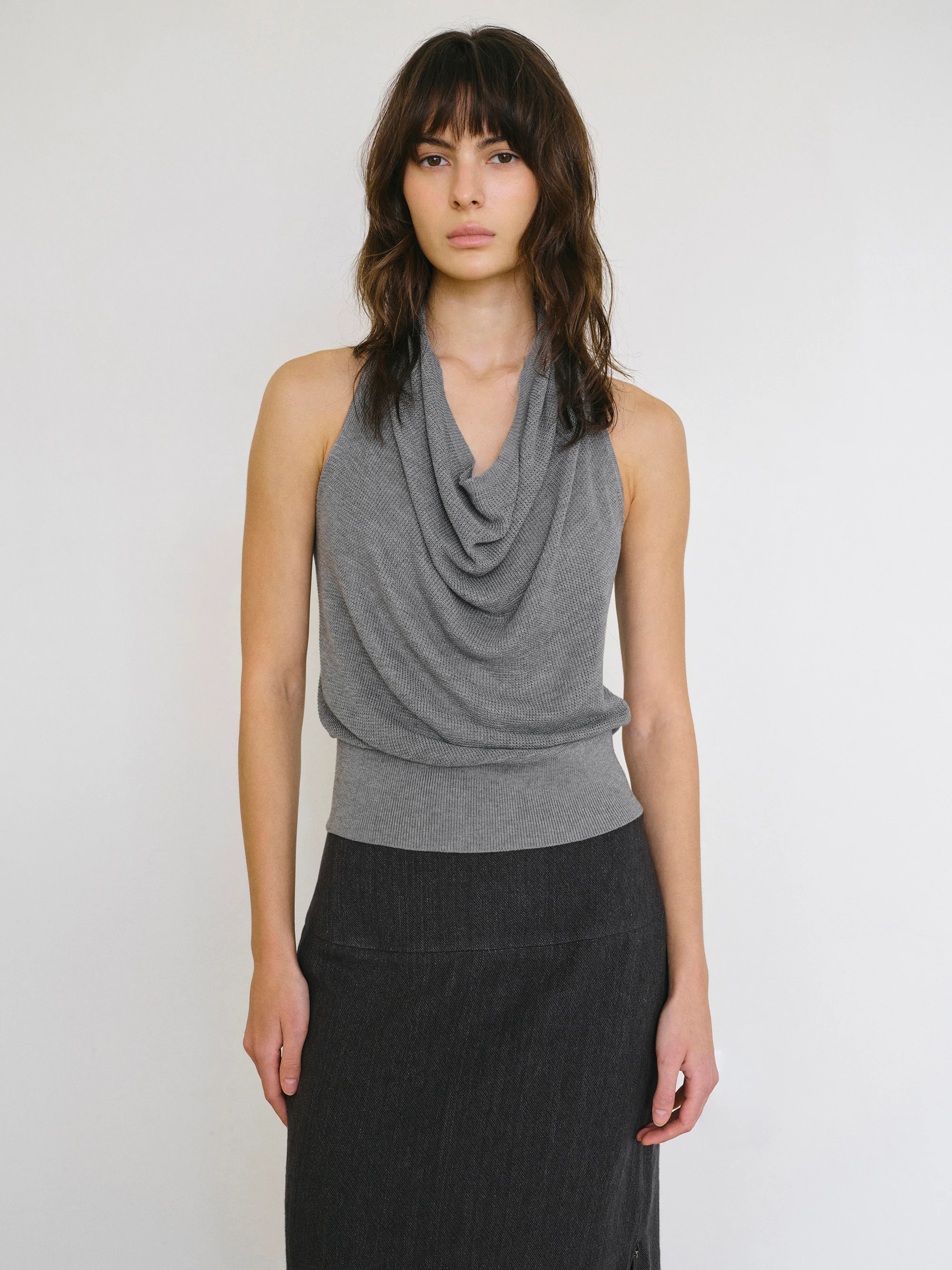 Cowl-Neck Halter Knit Top, Grey