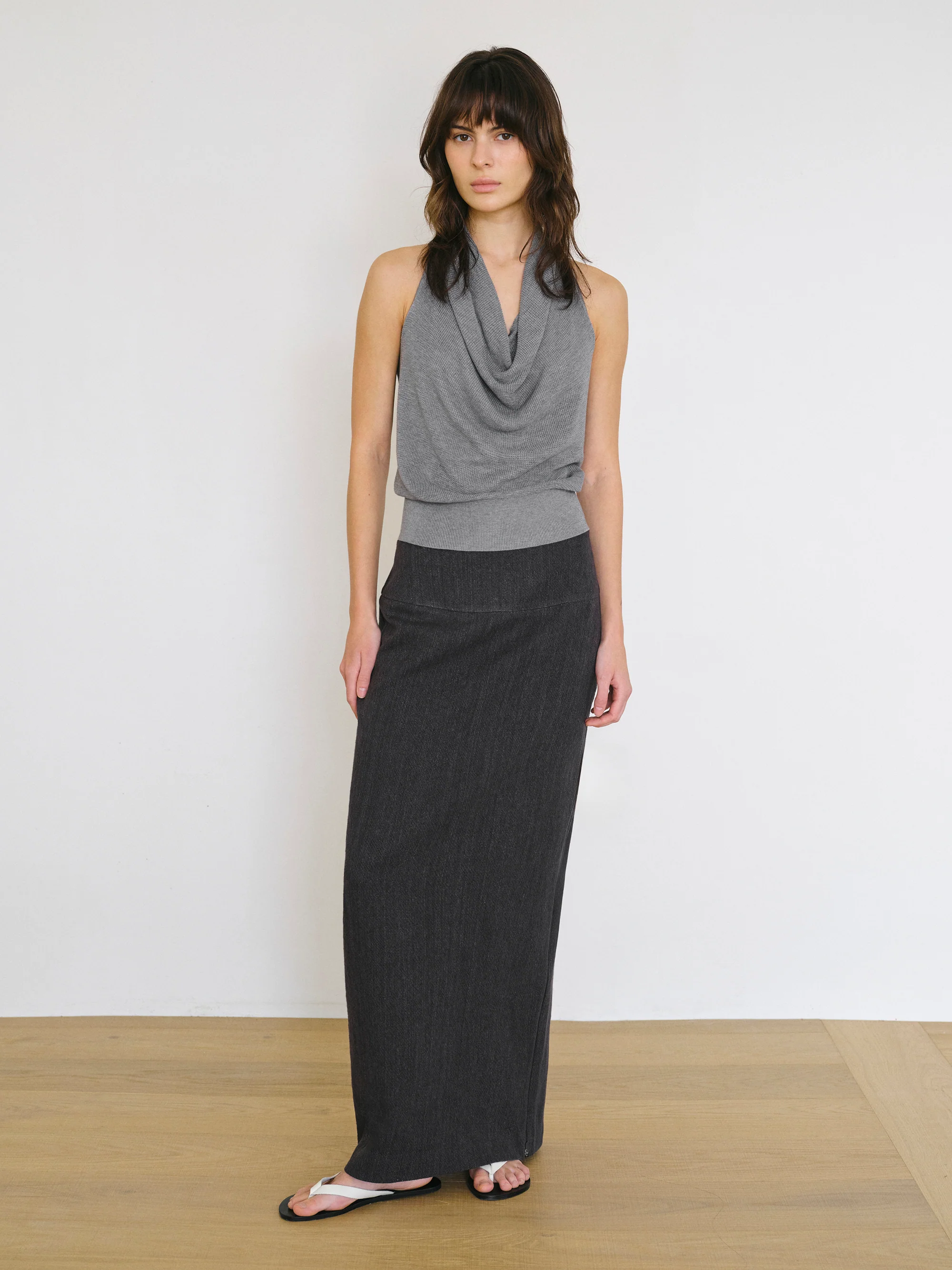 Cowl-Neck Halter Knit Top, Grey - Image 3