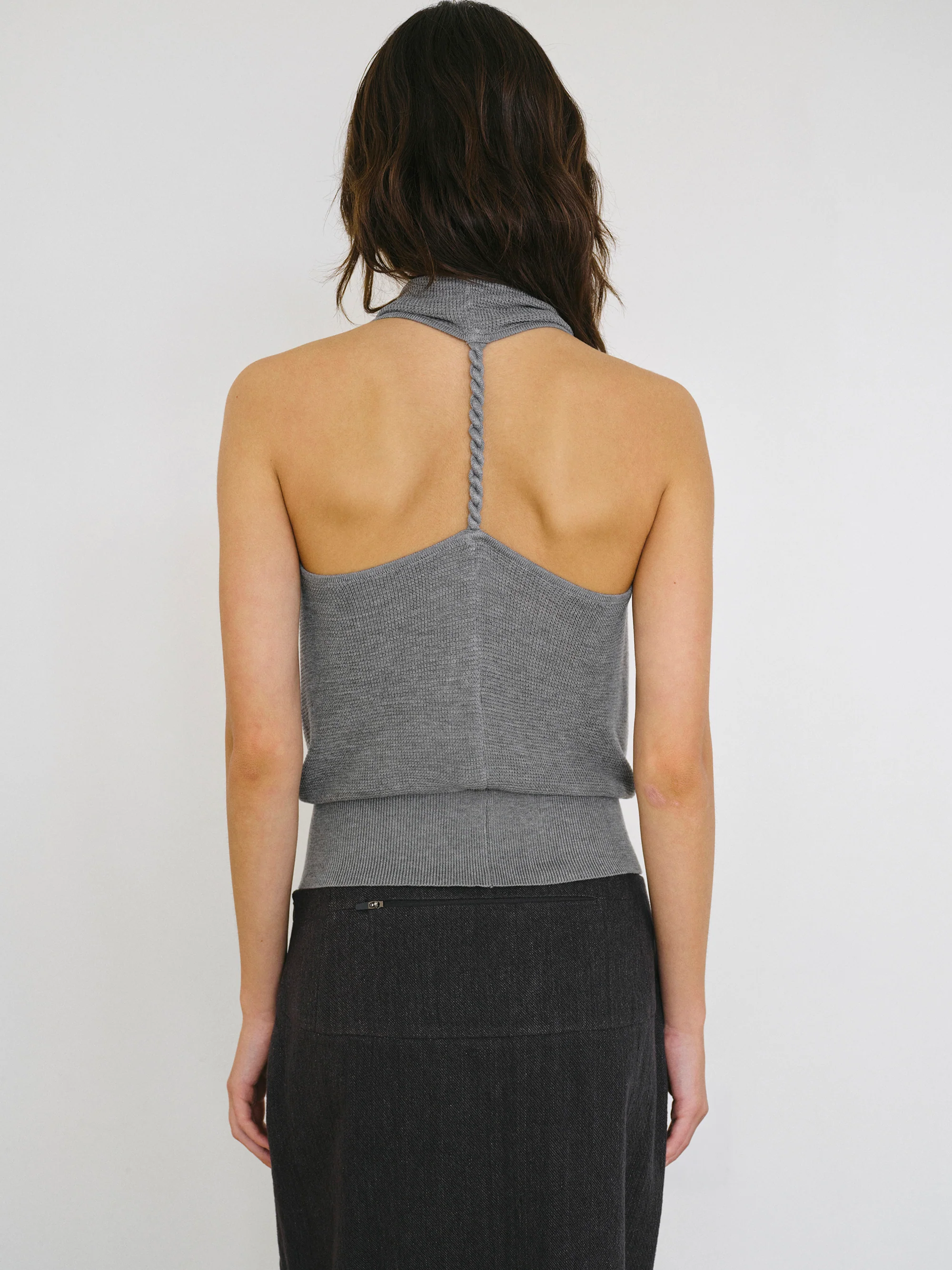 Cowl-Neck Halter Knit Top, Grey - Image 4