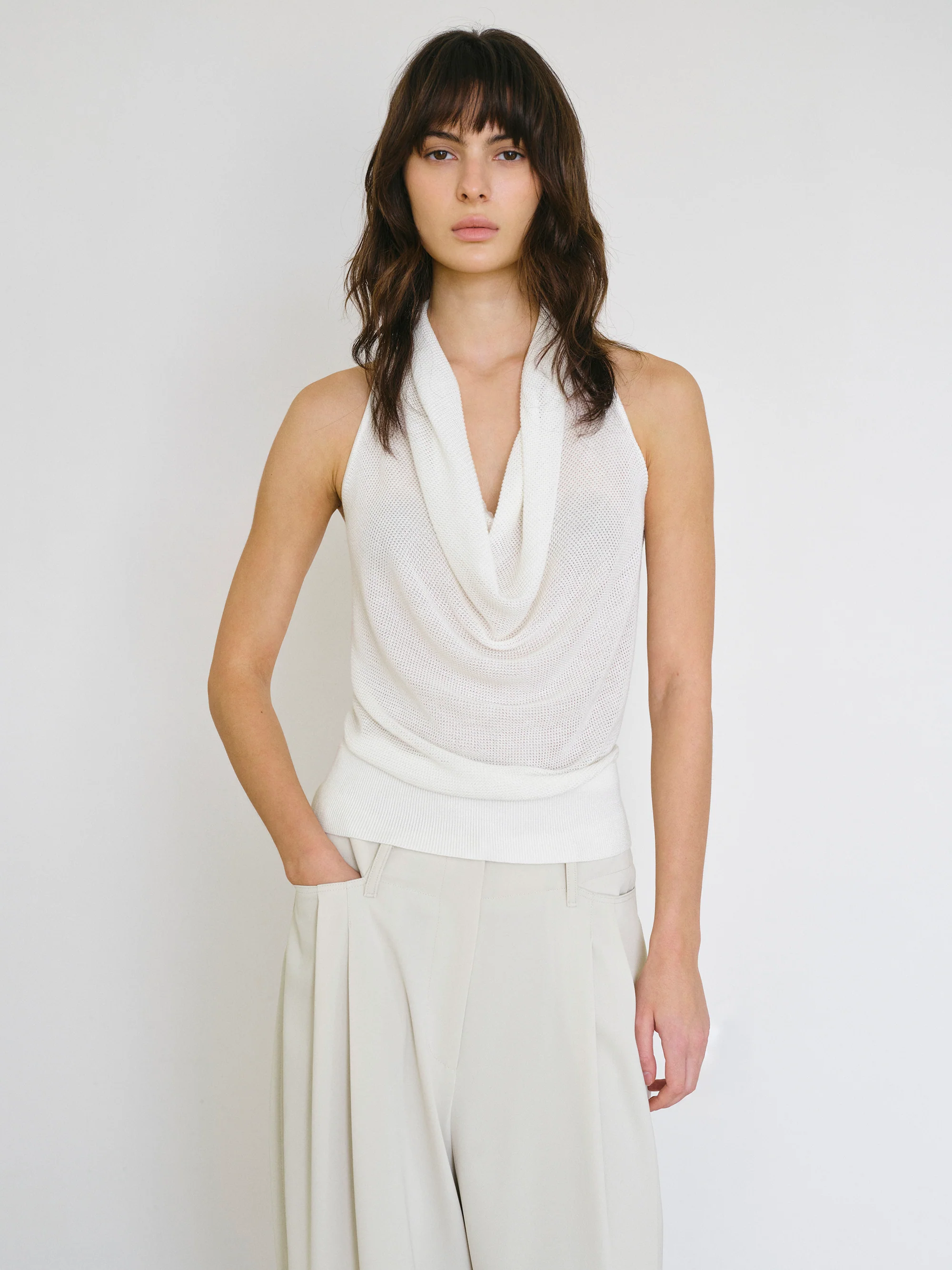 Cowl-Neck Halter Knit Top, Ivory
