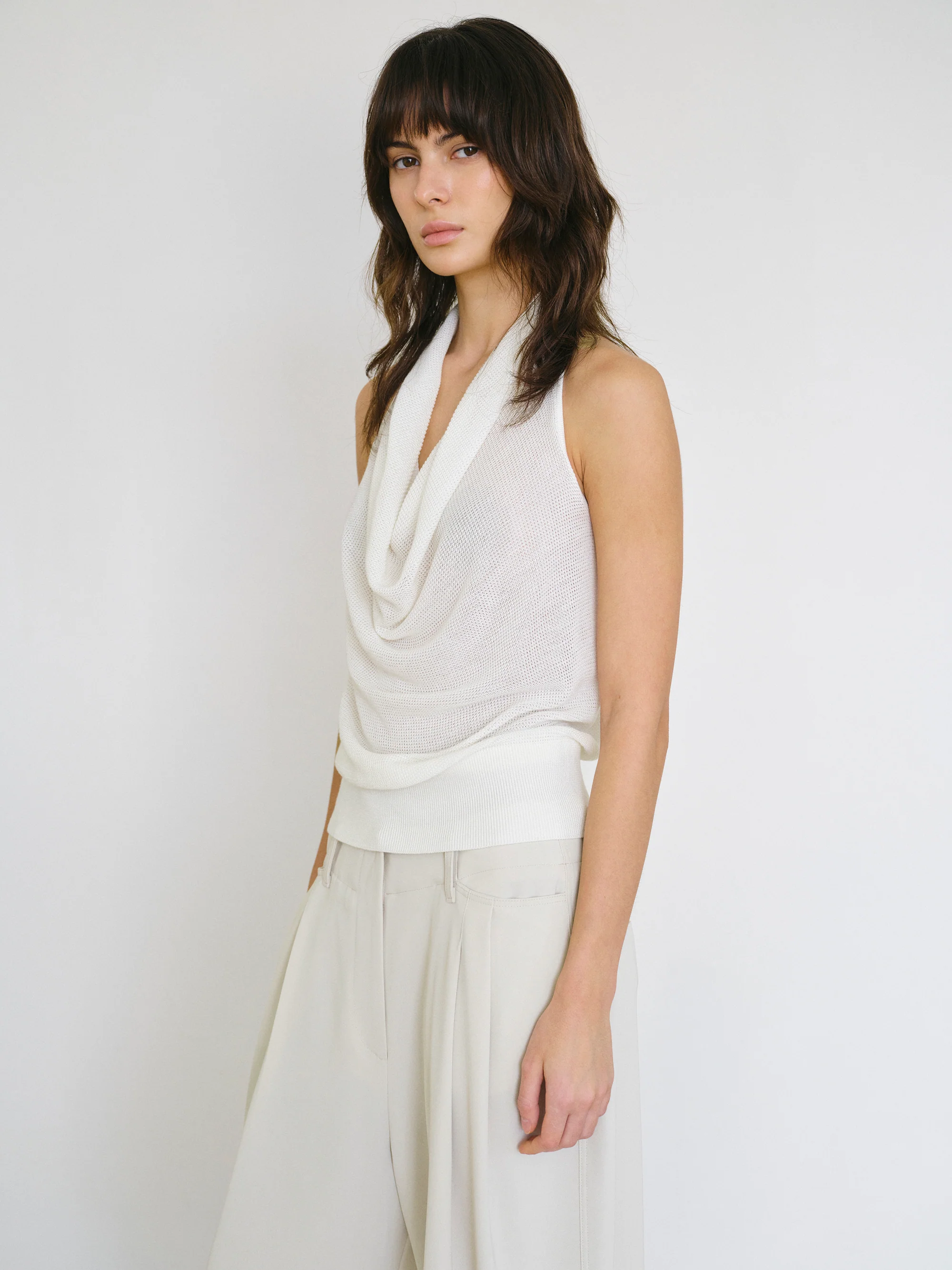 Cowl-Neck Halter Knit Top, Ivory - Image 3