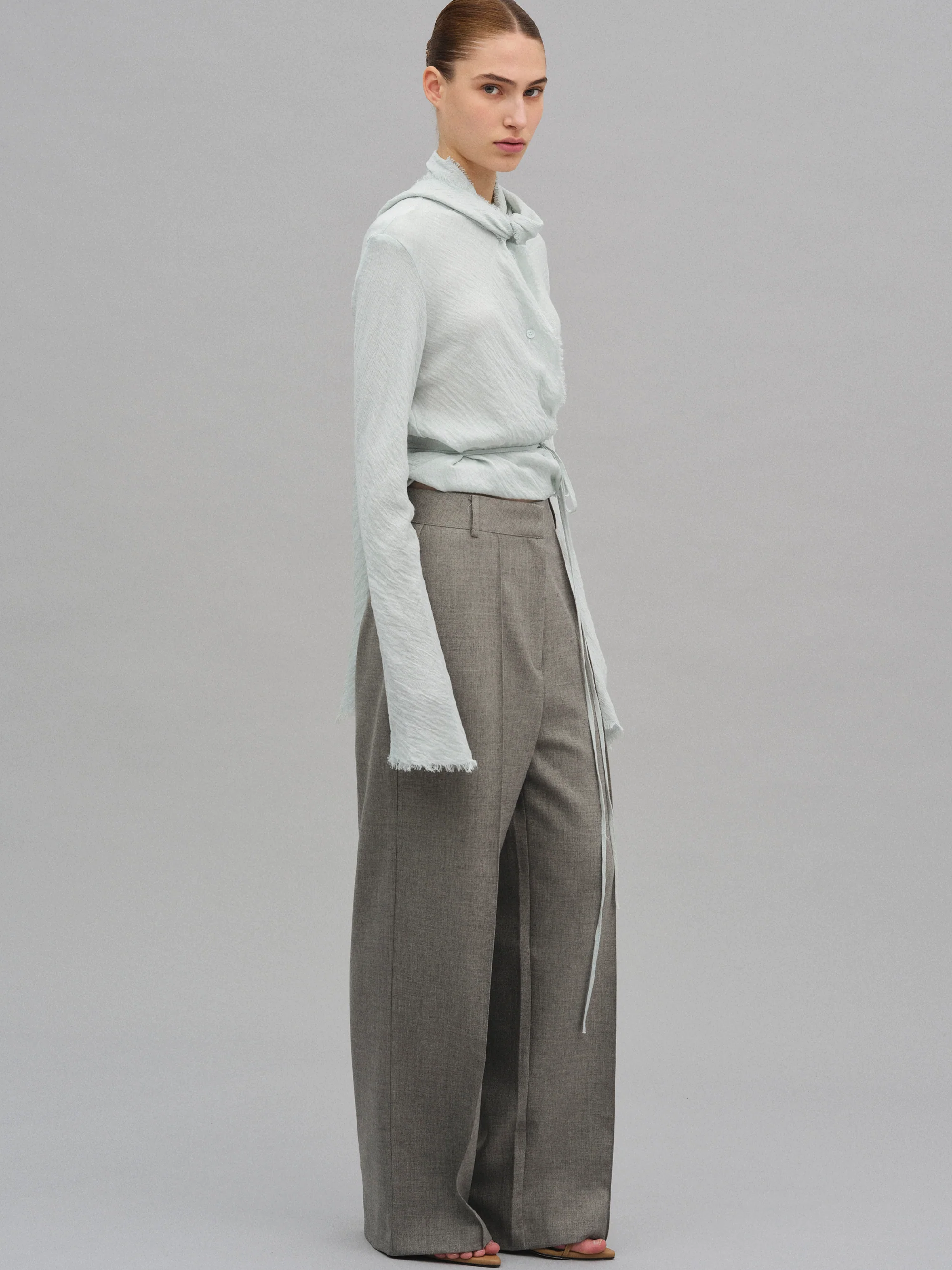 Creased Melange Trousers, Khaki - Image 2