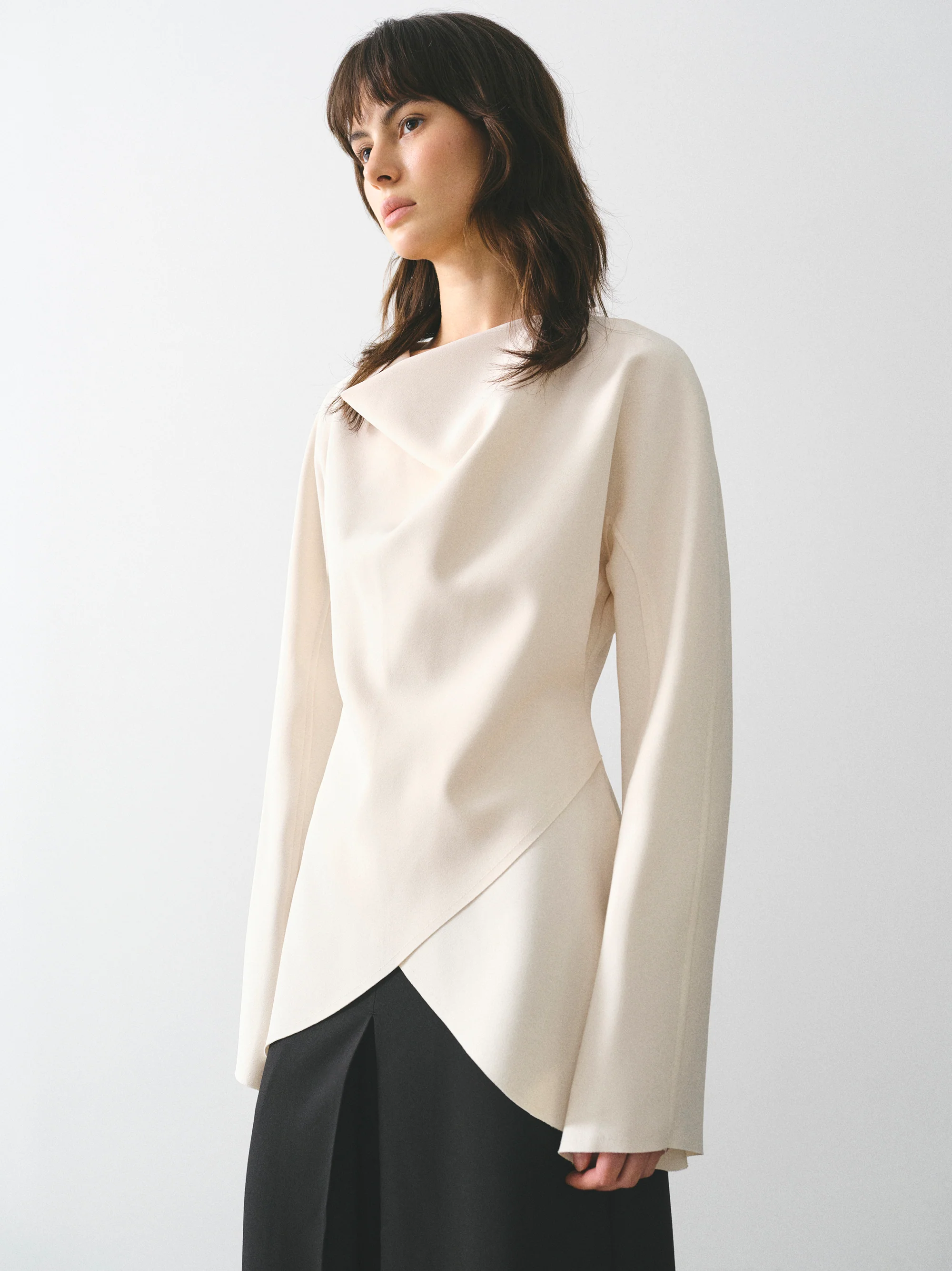 Crepe Cowl-Neck Top, Cream
