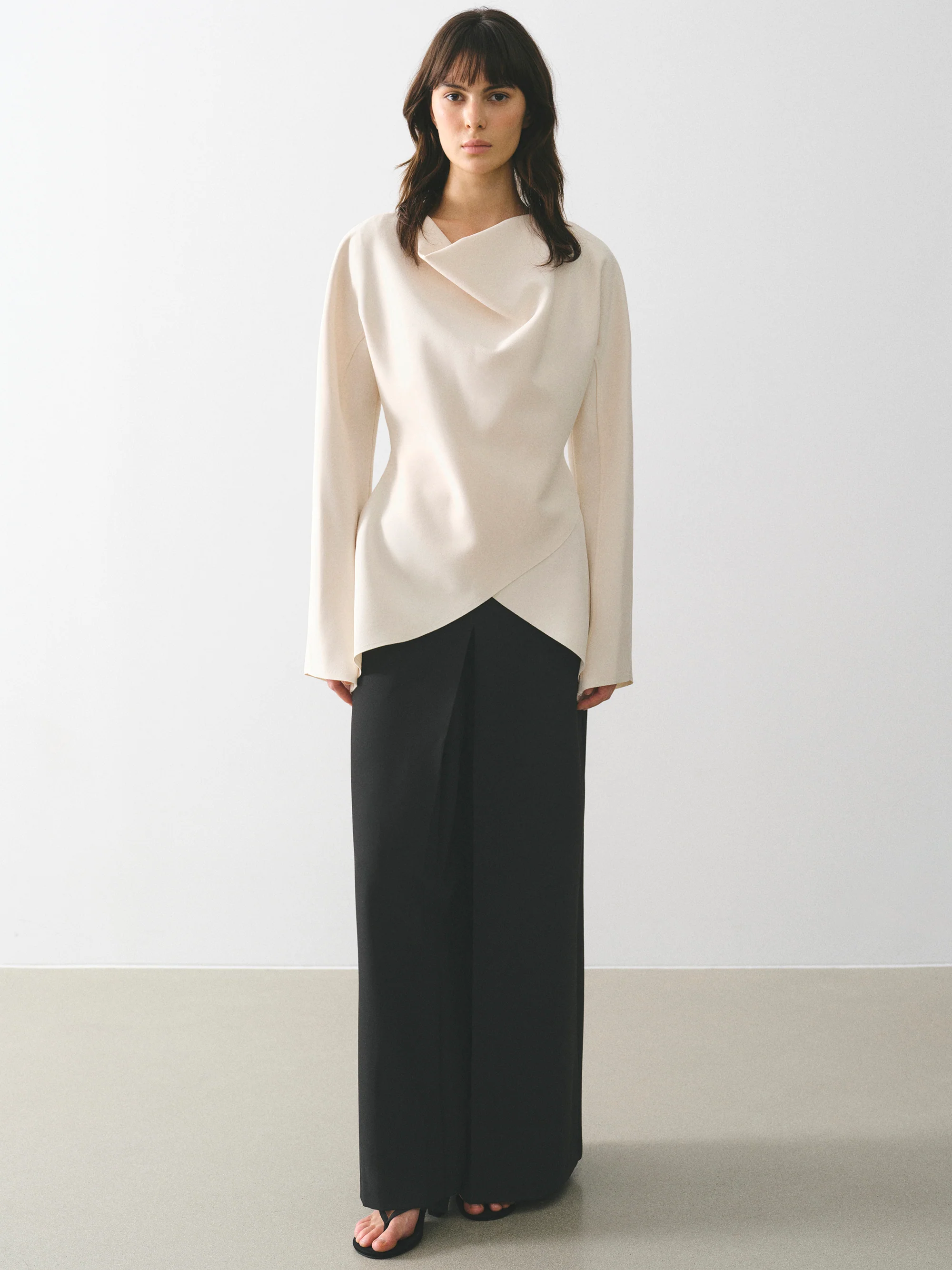 Crepe Cowl-Neck Top, Cream - Image 2