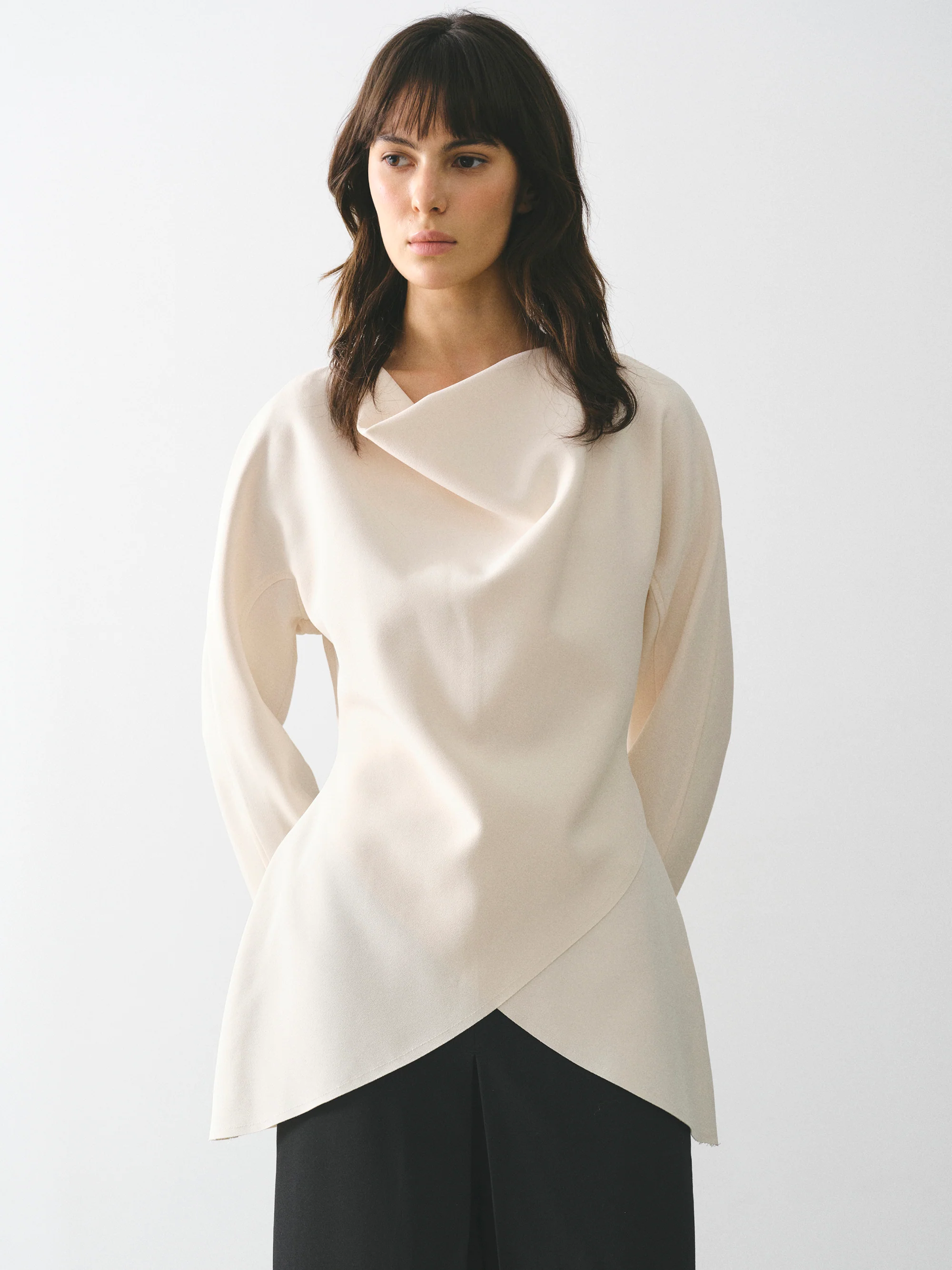 Crepe Cowl-Neck Top, Cream - Image 3