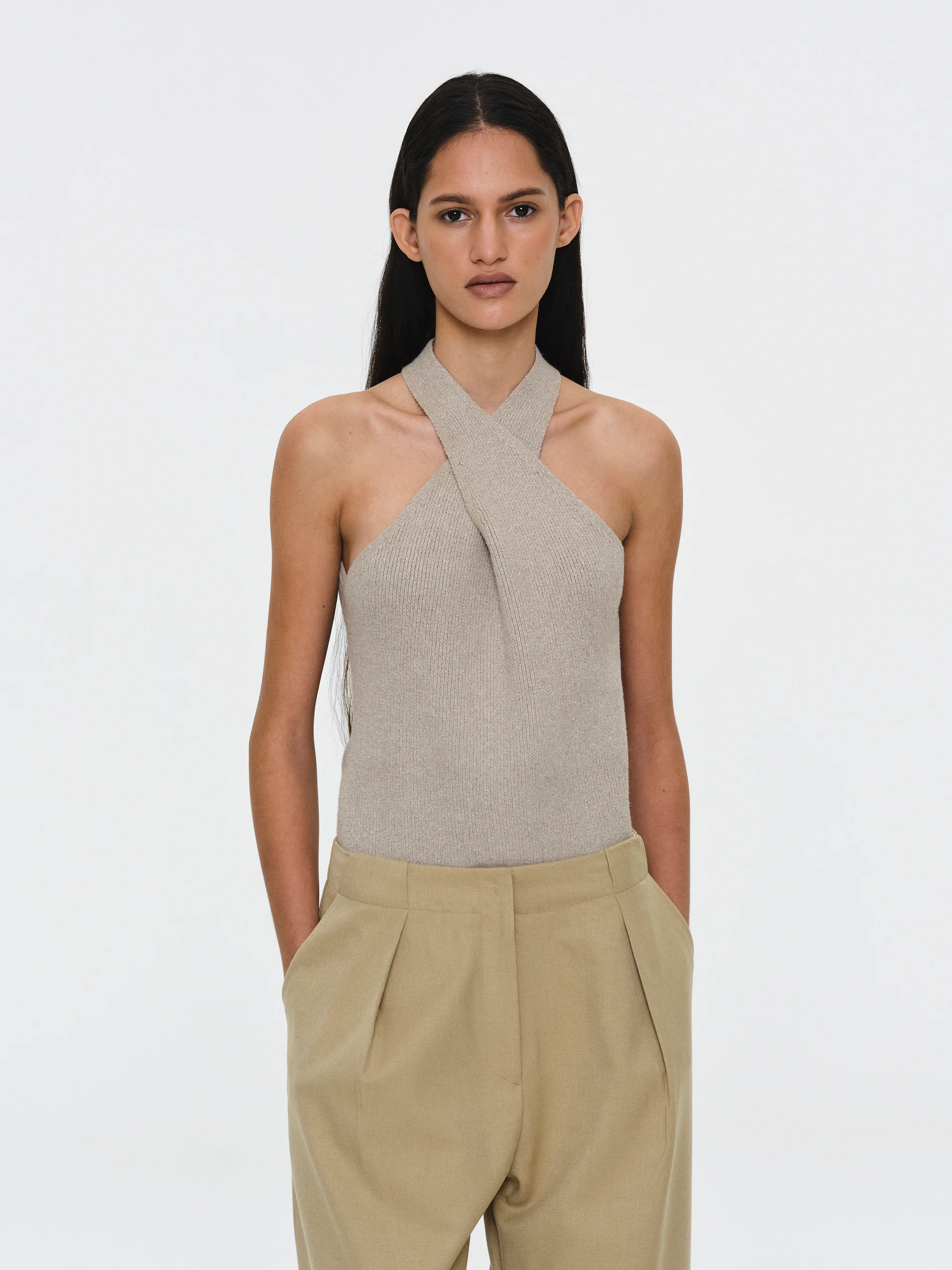 Criss-Cross Halter Knit Top, Beige