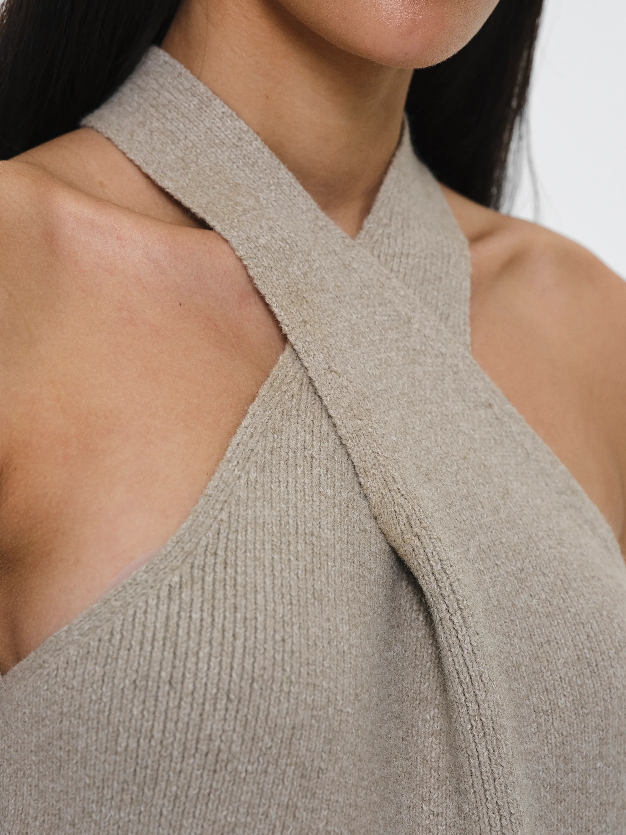 Criss-Cross Halter Knit Top, Beige - Image 2