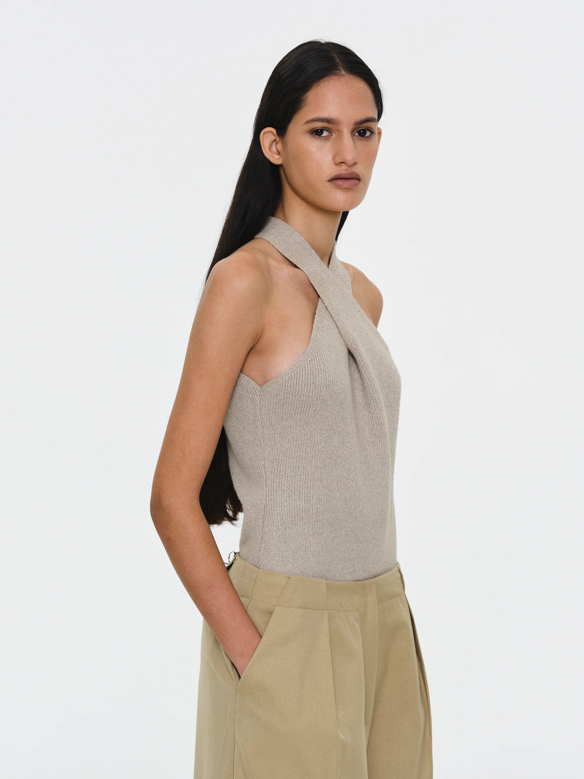 Criss-Cross Halter Knit Top, Beige - Image 3