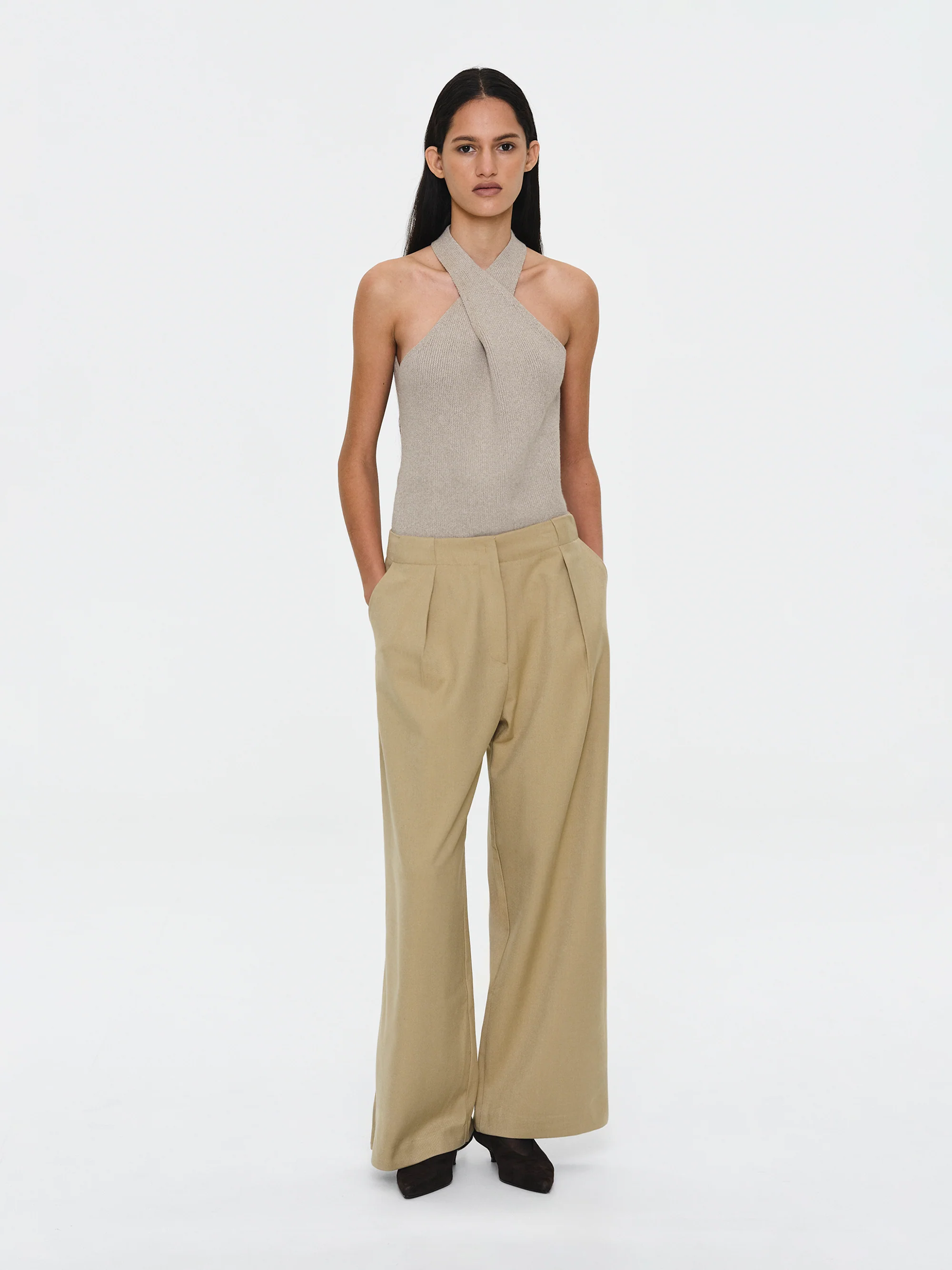 Criss-Cross Halter Knit Top, Beige - Image 4