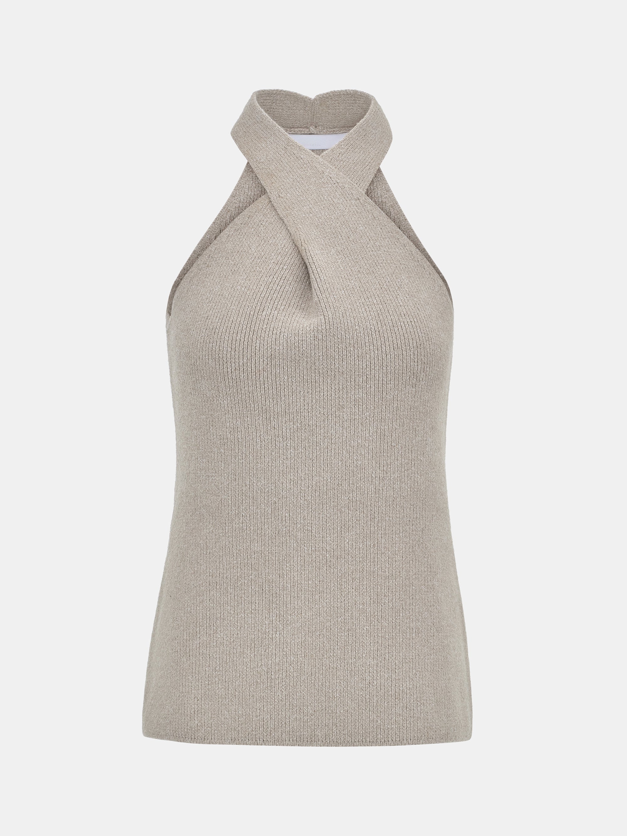 Criss-Cross Halter Knit Top, Beige - Image 6