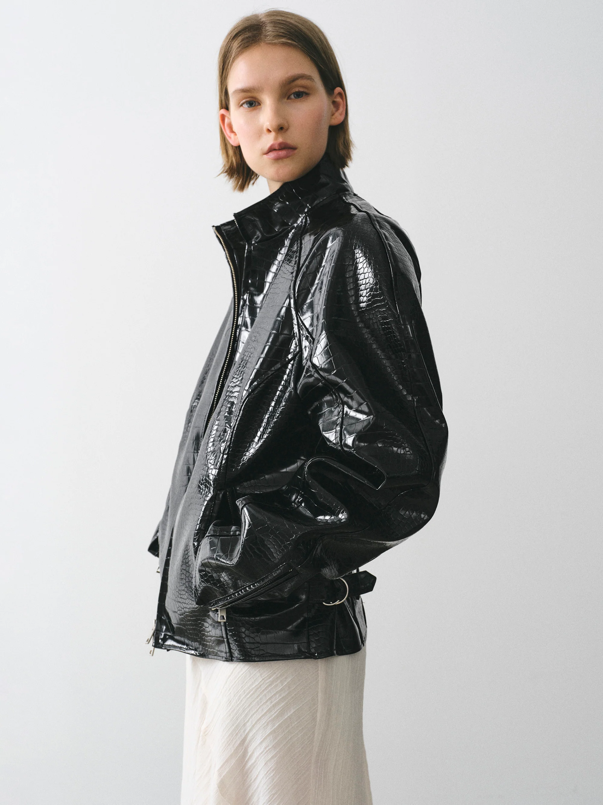 Croc-Embossed Coated Faux-Leather Jacket, Black