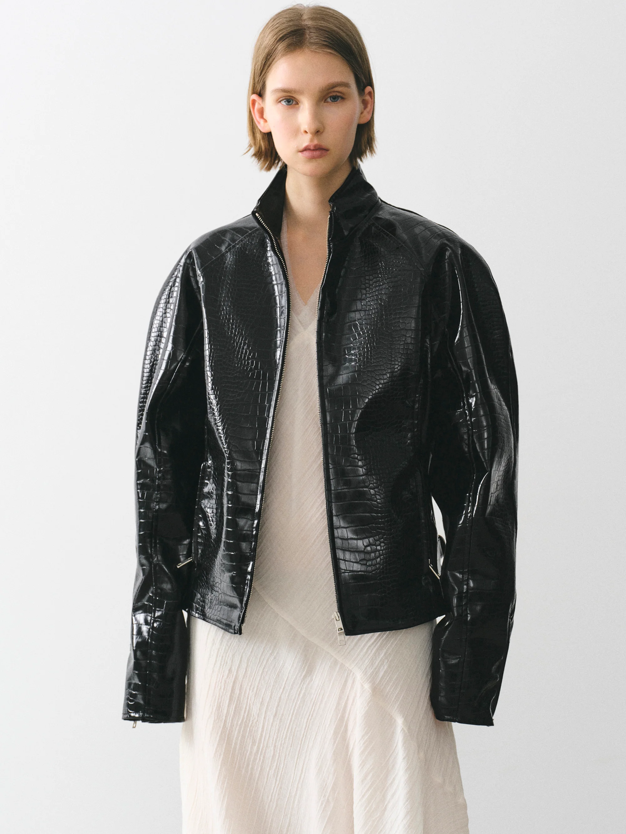 Croc-Embossed Coated Faux-Leather Jacket, Black - Image 2