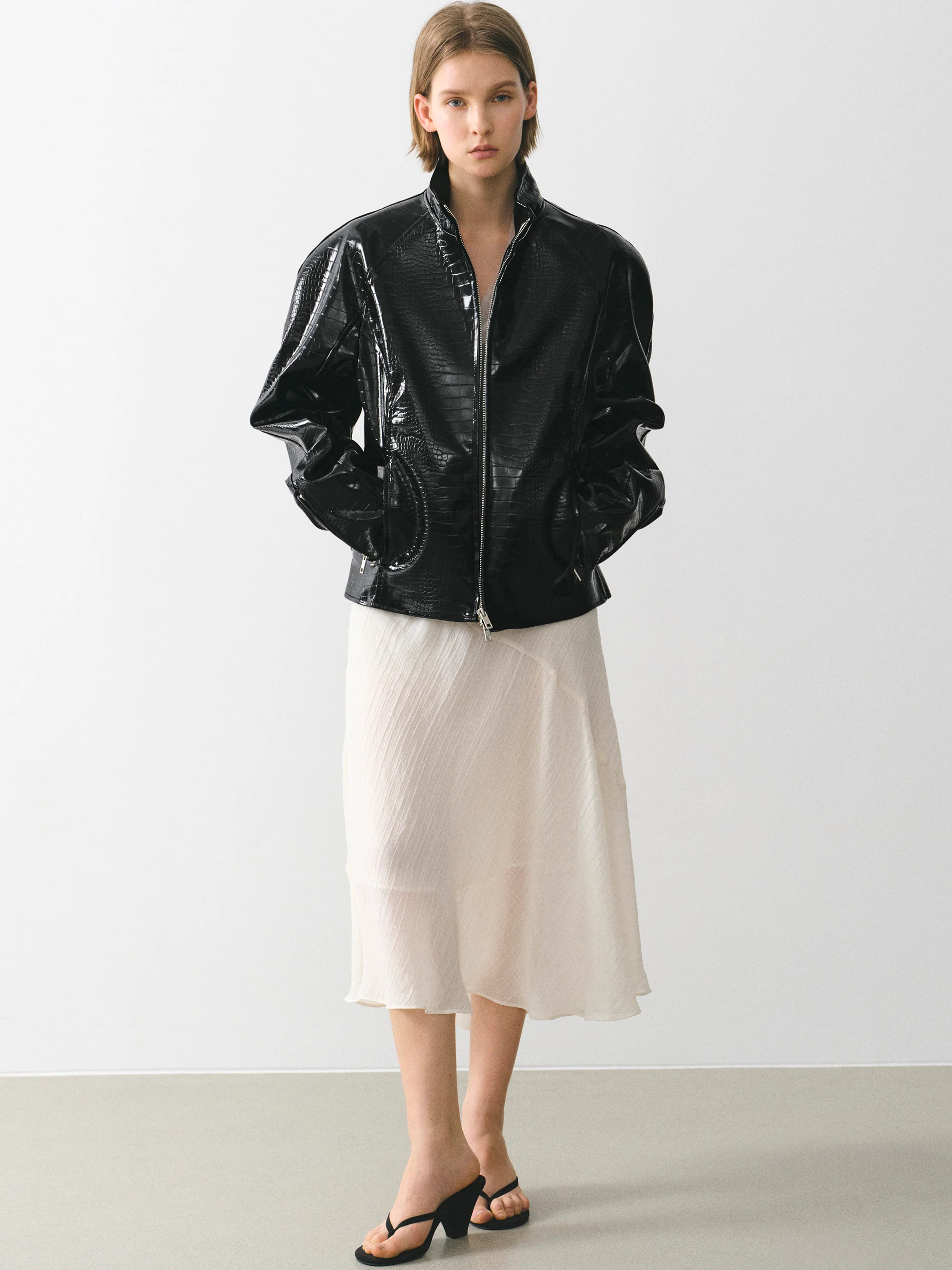 Croc-Embossed Coated Faux-Leather Jacket, Black - Image 3
