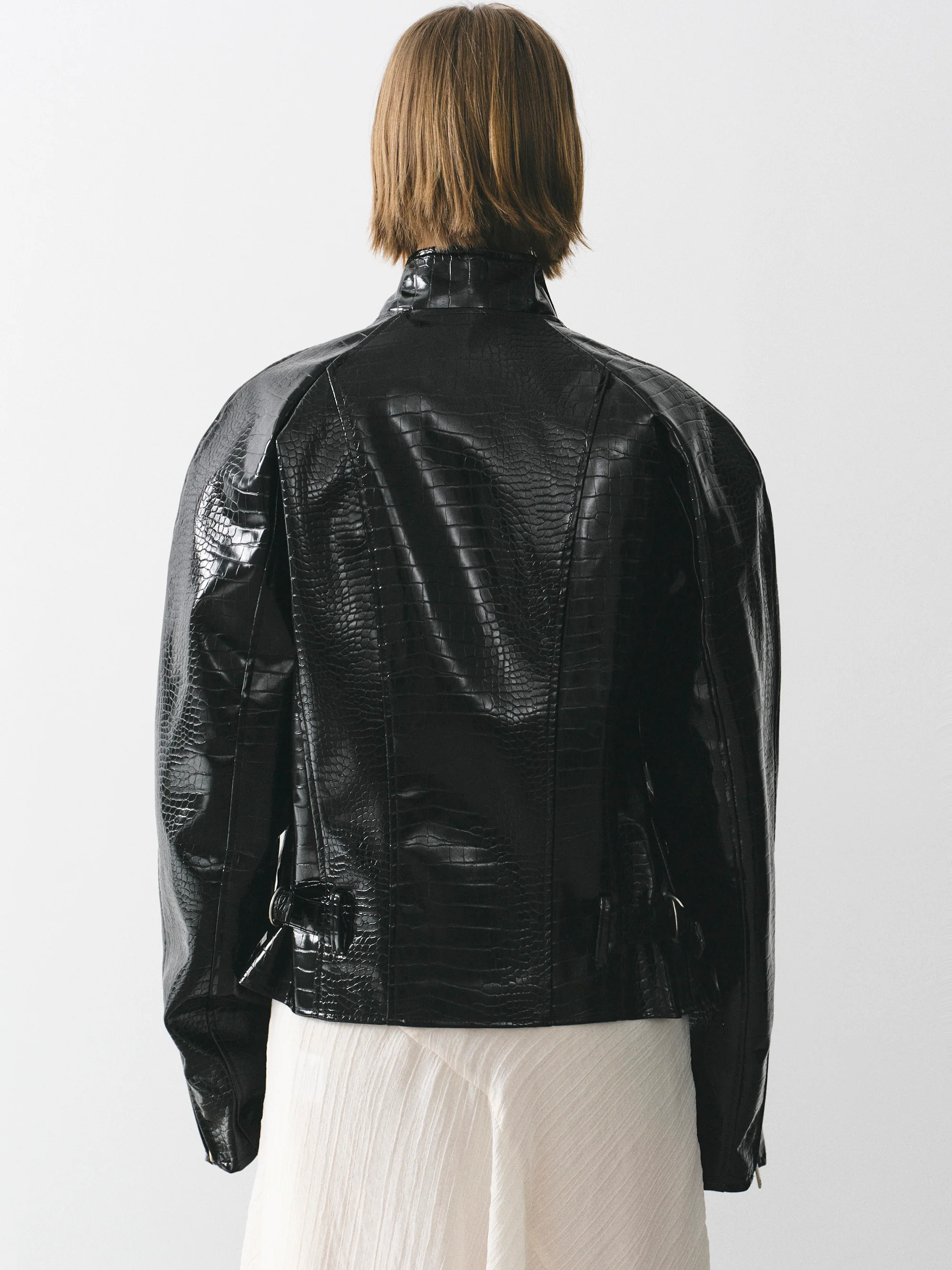 Croc-Embossed Coated Faux-Leather Jacket, Black - Image 4