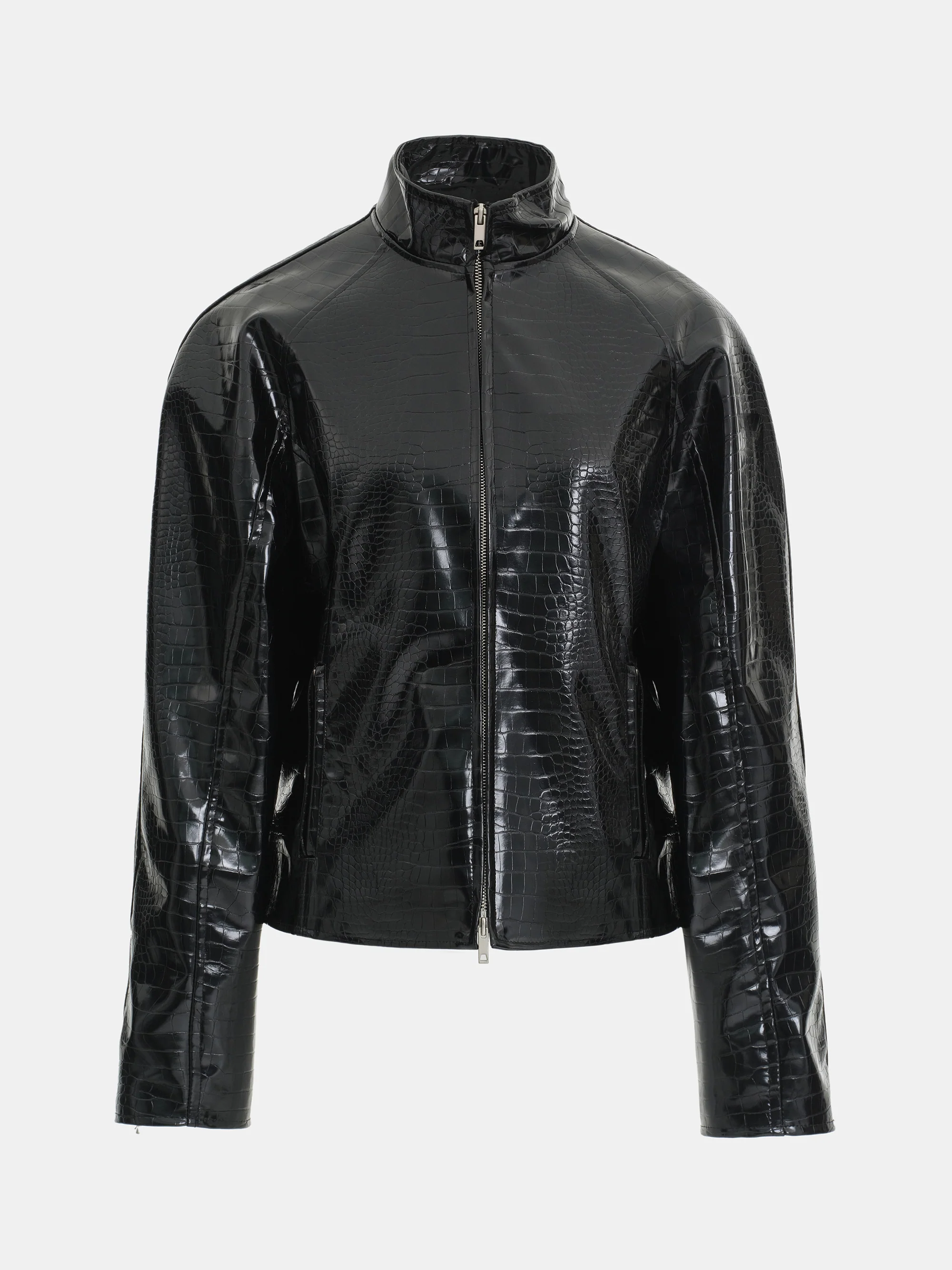 Croc-Embossed Coated Faux-Leather Jacket, Black - Image 5