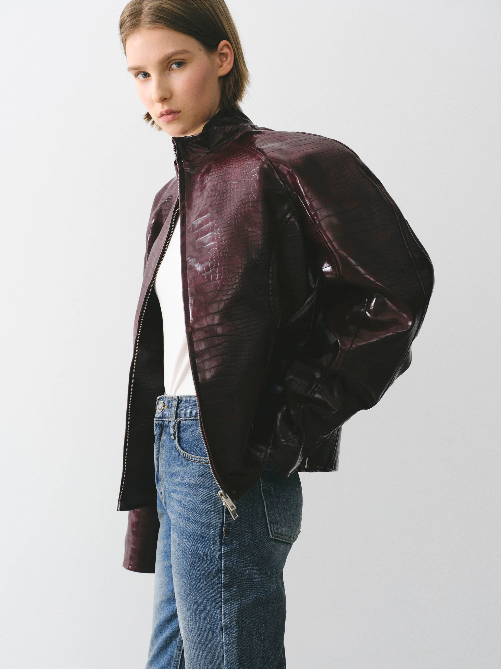Croc-Embossed Coated Faux-Leather Jacket, Wine