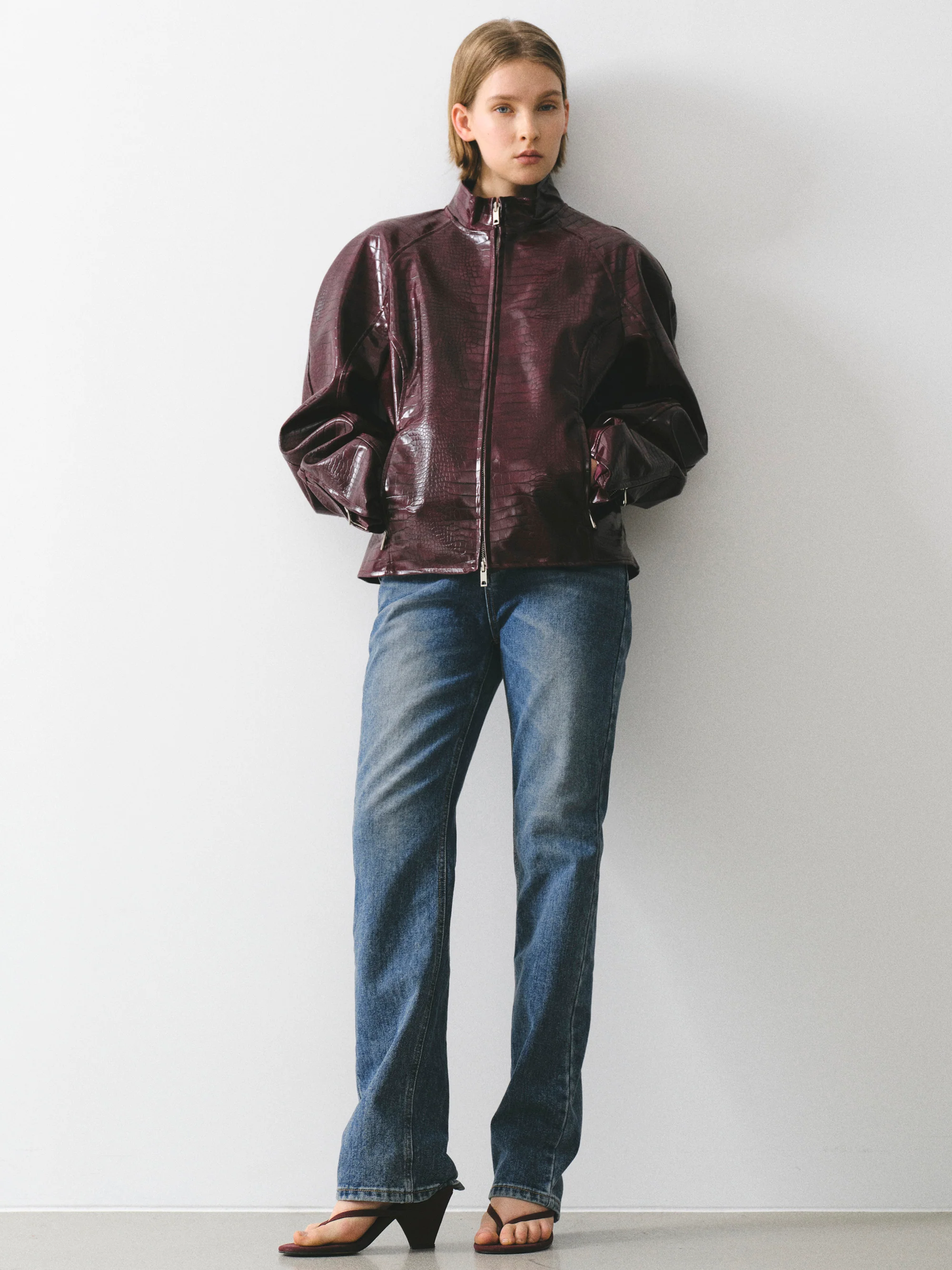 Croc-Embossed Coated Faux-Leather Jacket, Wine - Image 2