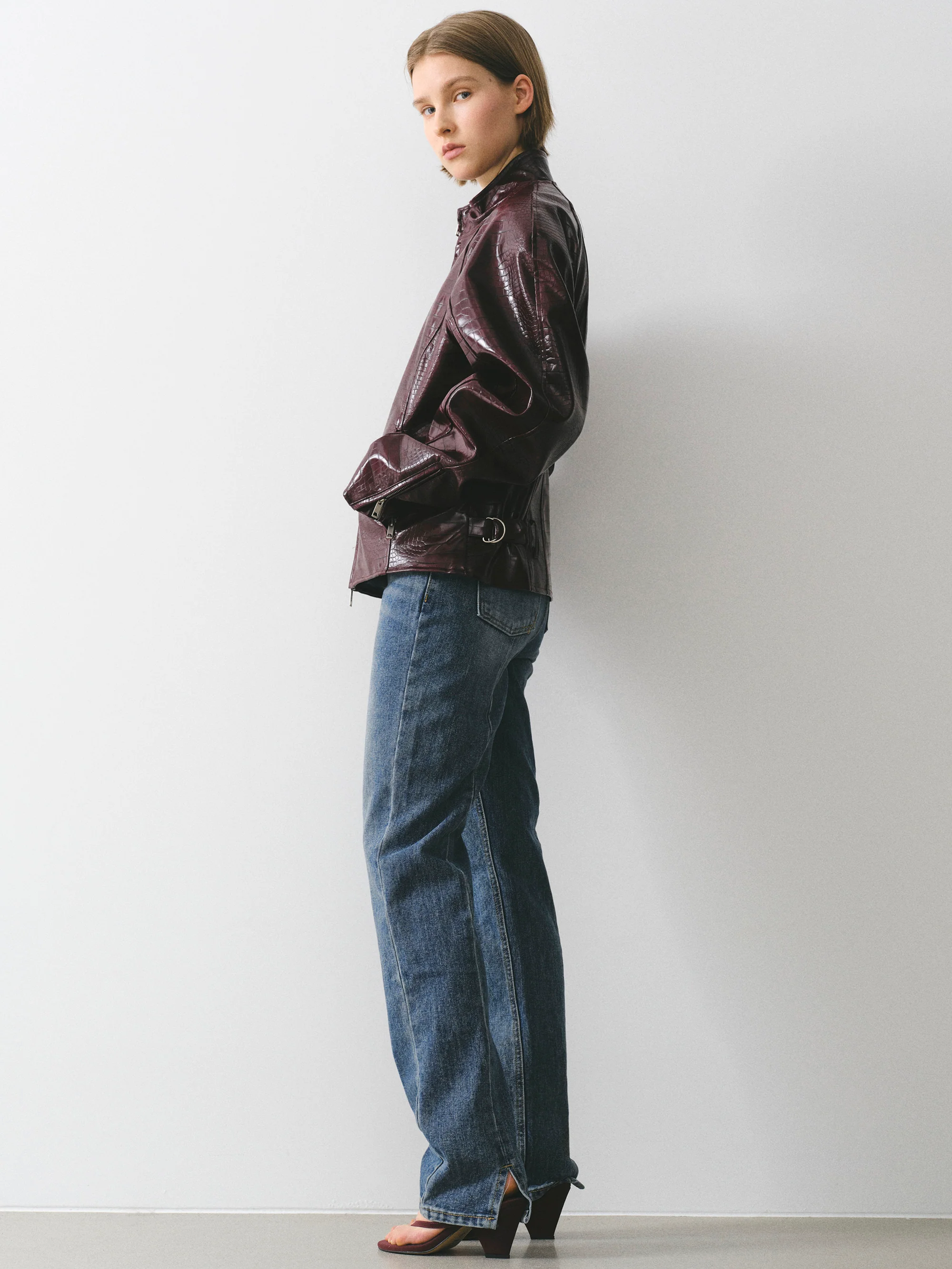 Croc-Embossed Coated Faux-Leather Jacket, Wine - Image 3