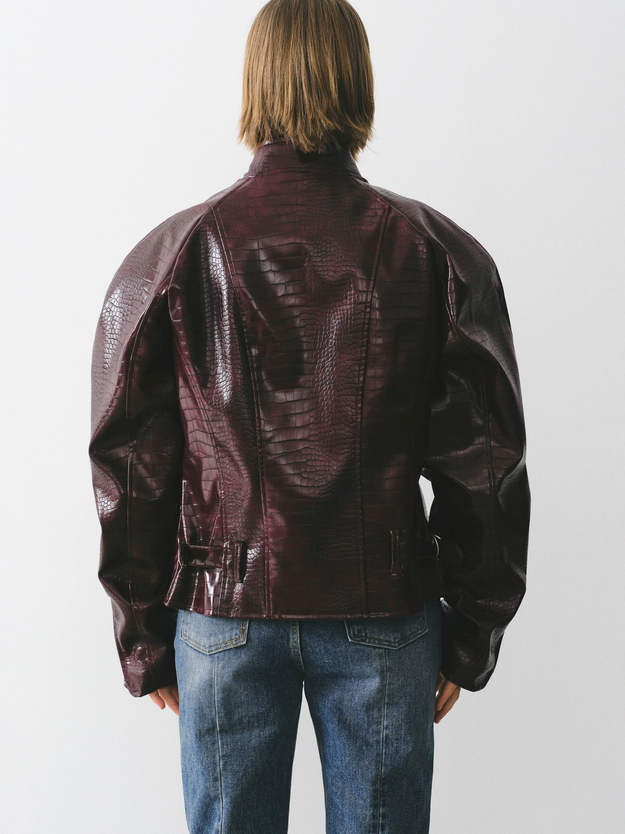 Croc-Embossed Coated Faux-Leather Jacket, Wine - Image 4