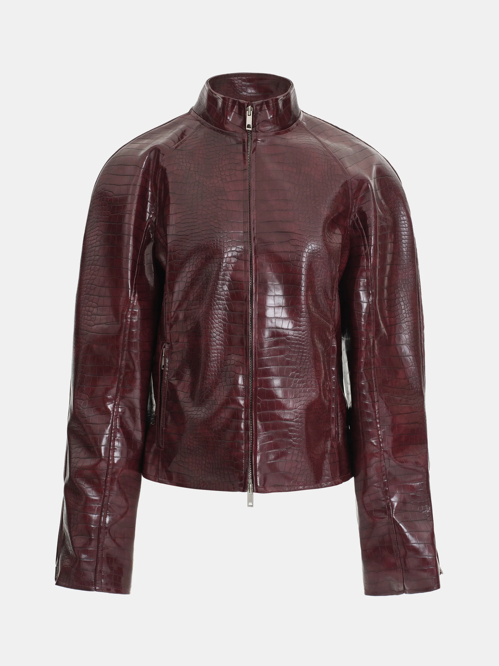 Croc-Embossed Coated Faux-Leather Jacket, Wine - Image 5