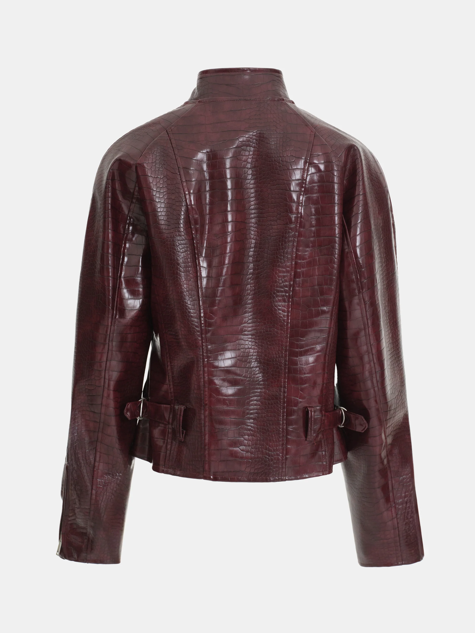 Croc-Embossed Coated Faux-Leather Jacket, Wine - Image 6