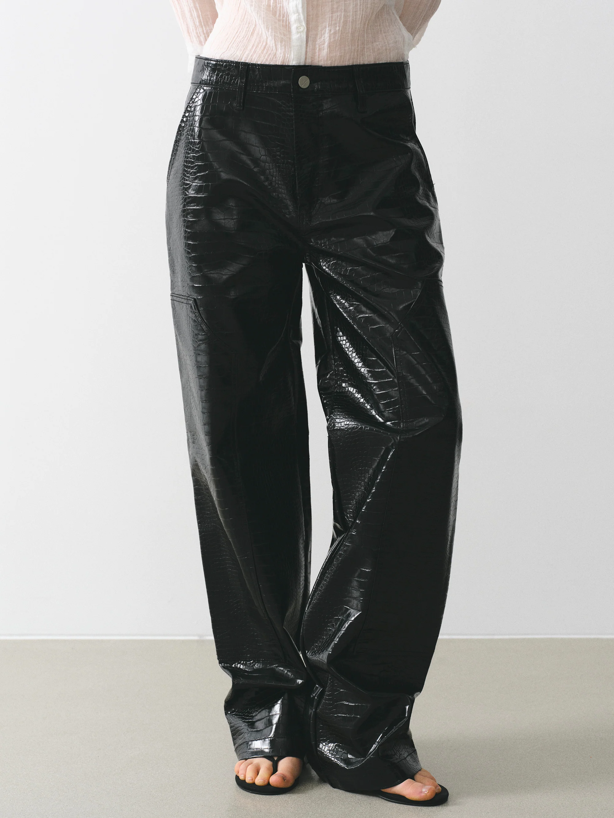 Croc-Embossed Coated Faux-Leather Trousers, Black - Image 3