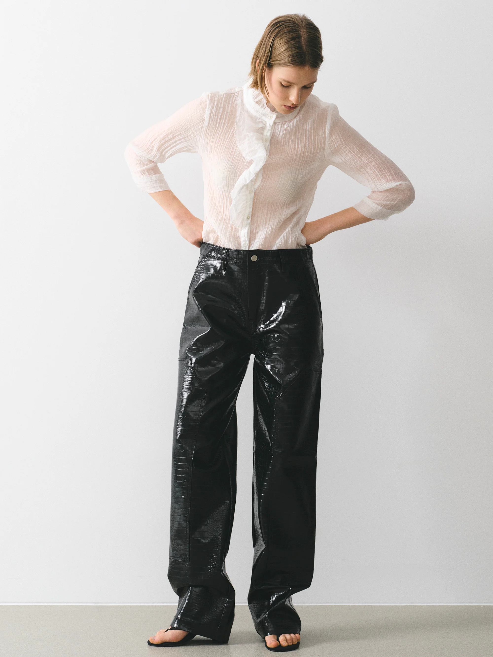 Croc-Embossed Coated Faux-Leather Trousers, Black - Image 4