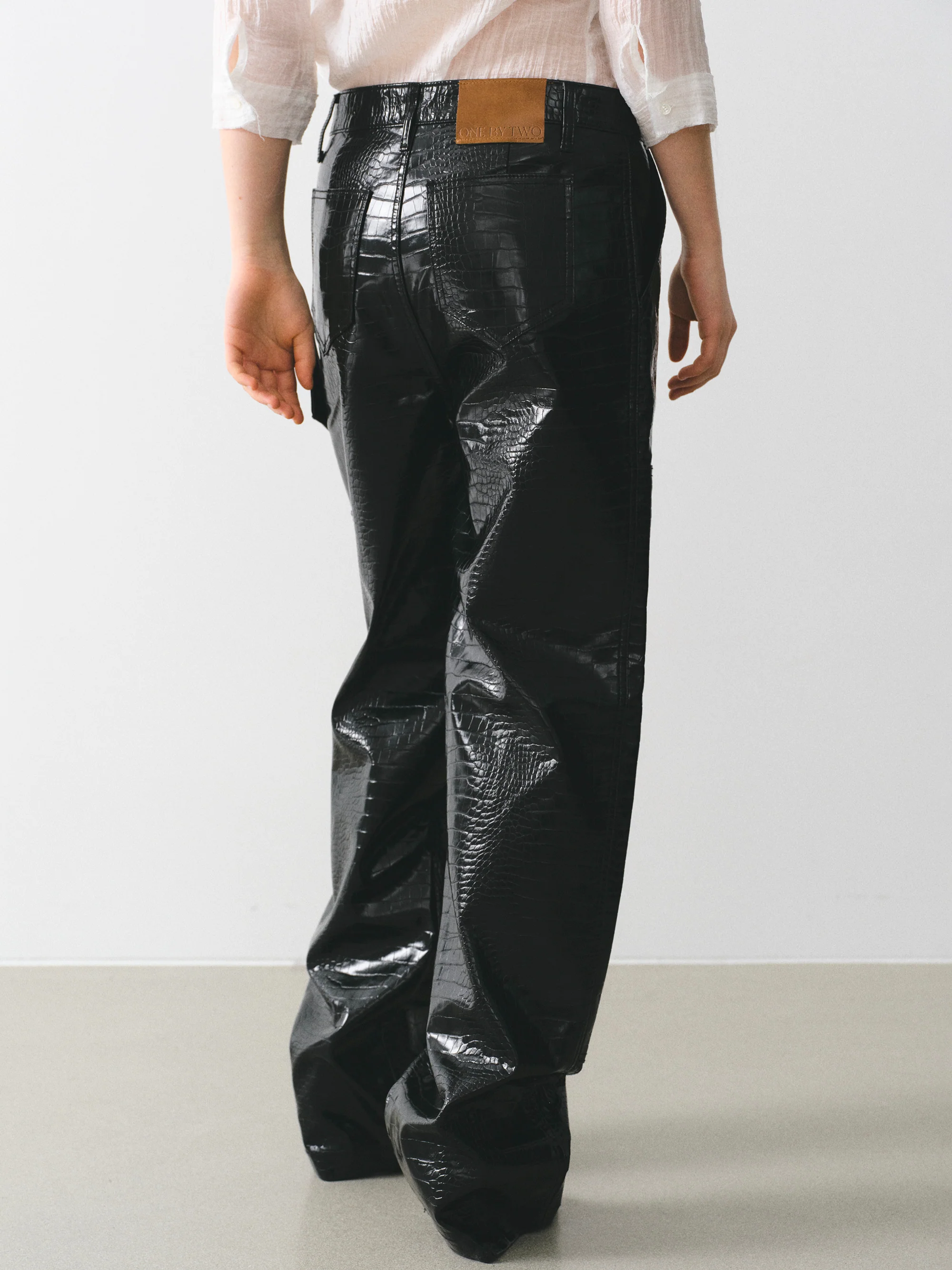 Croc-Embossed Coated Faux-Leather Trousers, Black - Image 5