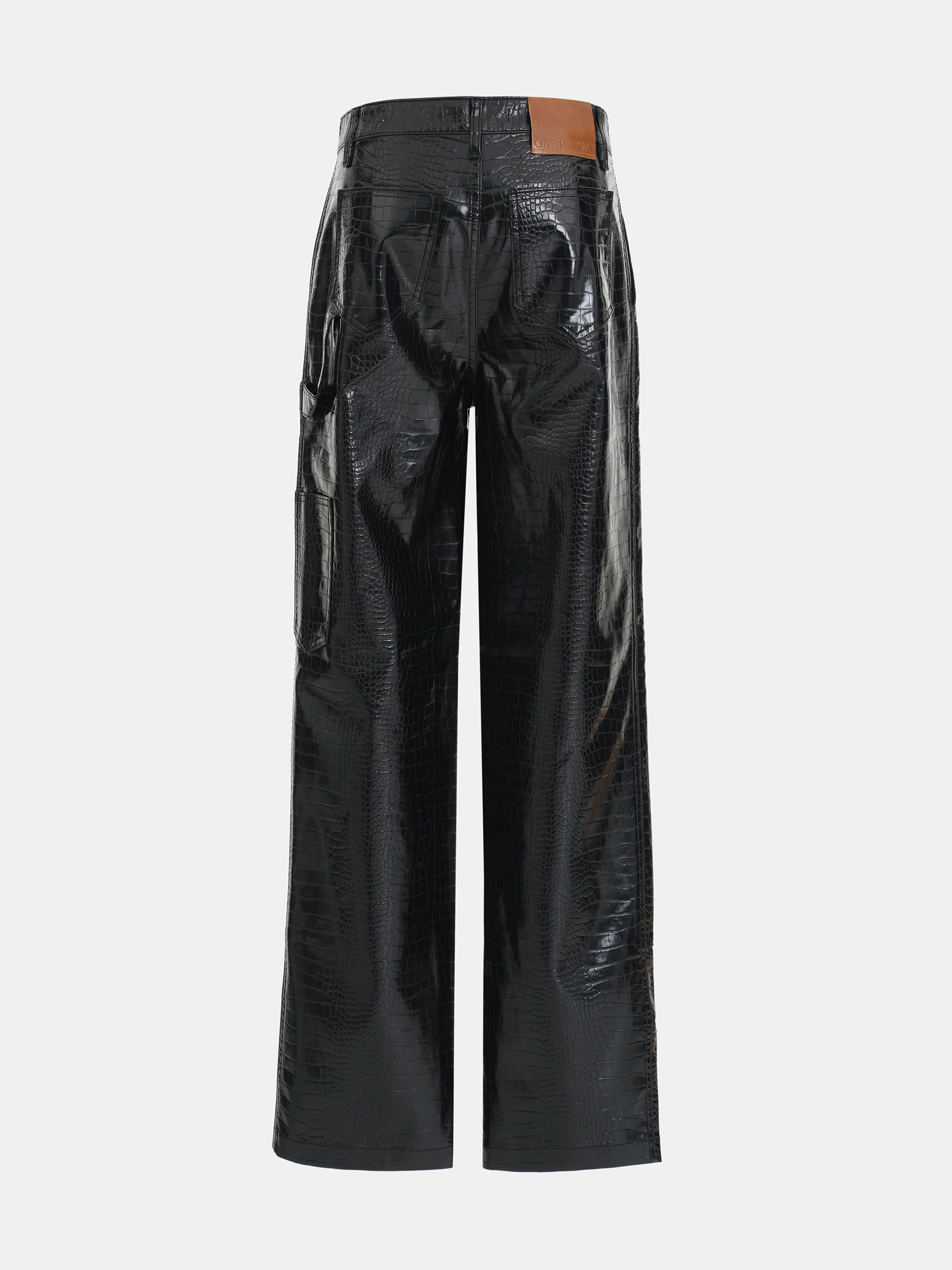 Croc-Embossed Coated Faux-Leather Trousers, Black - Image 7