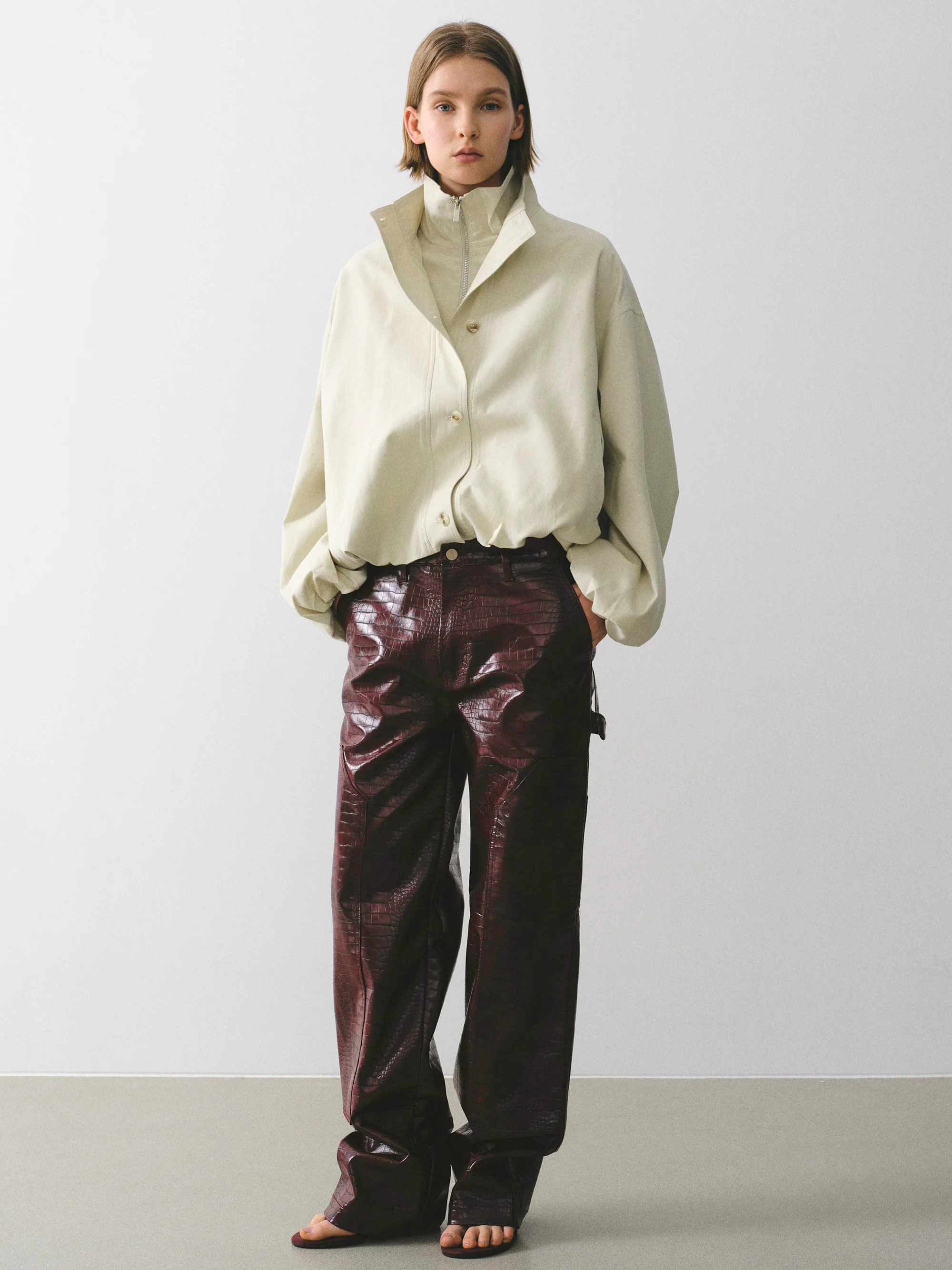 Croc-Embossed Coated Faux-Leather Trousers, Wine