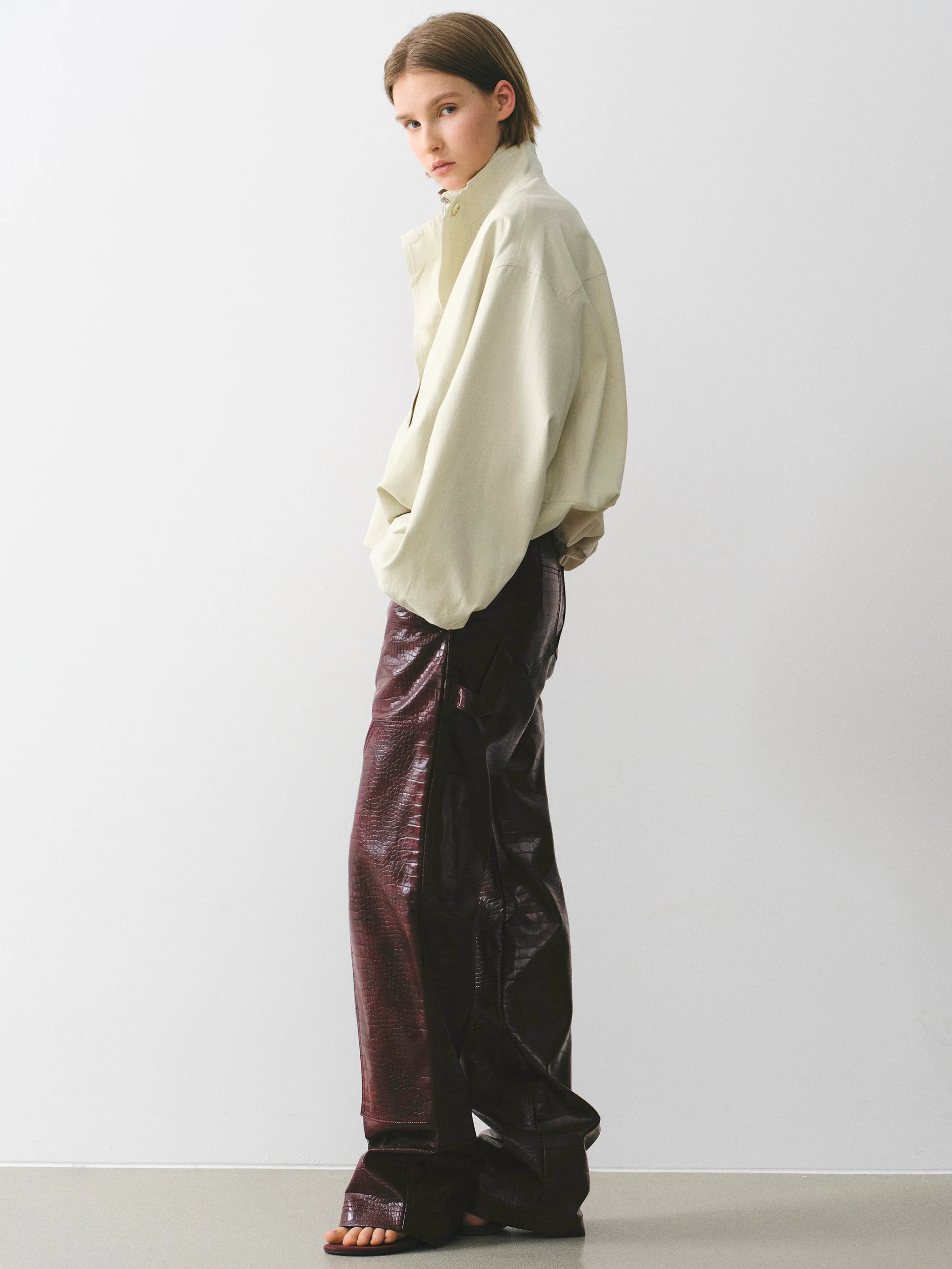 Croc-Embossed Coated Faux-Leather Trousers, Wine - Image 3