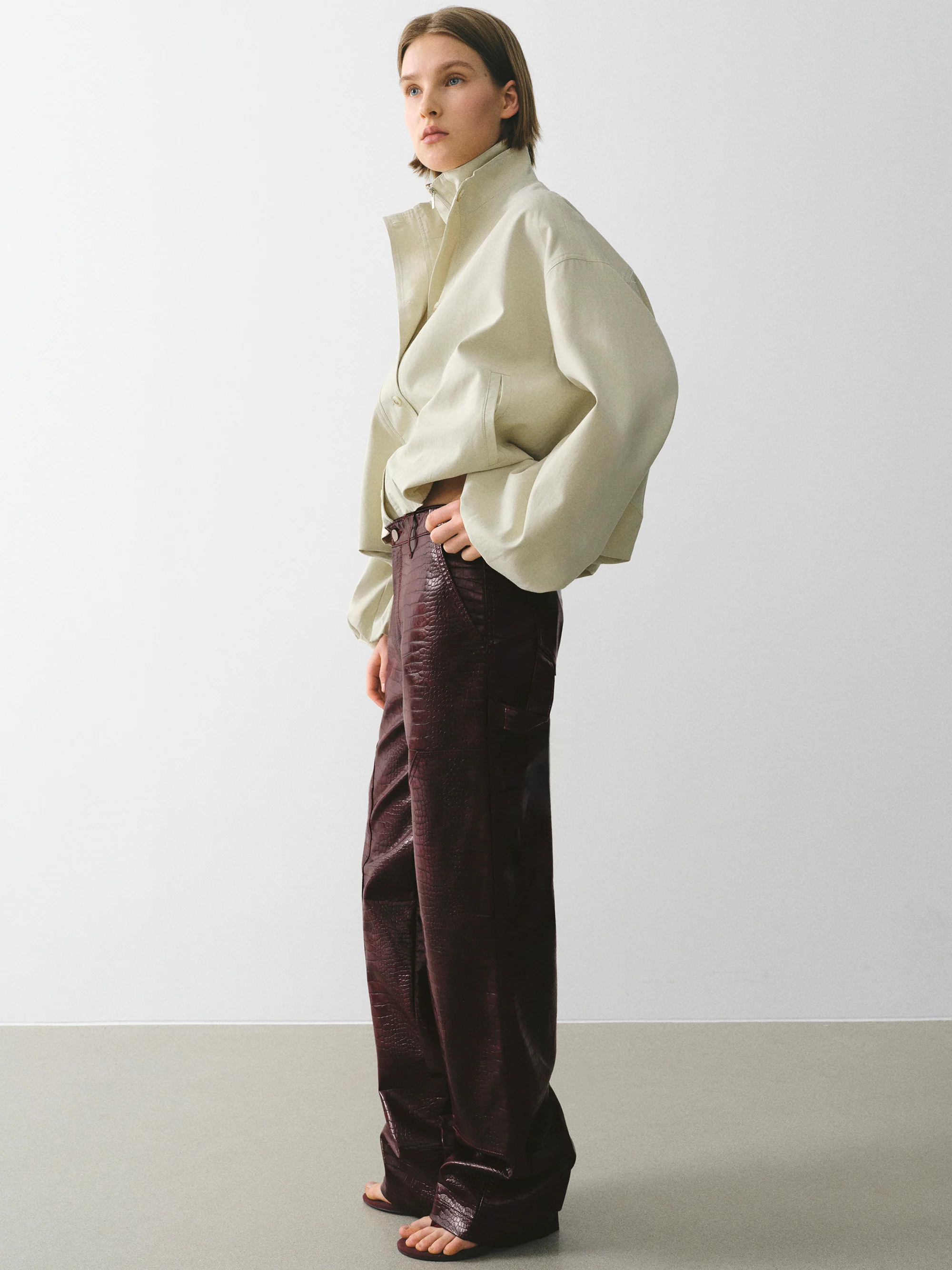 Croc-Embossed Coated Faux-Leather Trousers, Wine - Image 4
