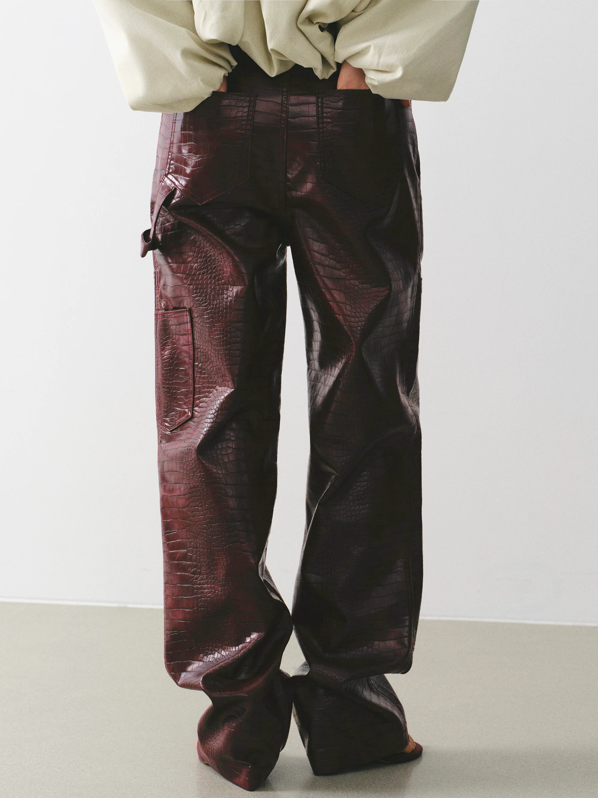 Croc-Embossed Coated Faux-Leather Trousers, Wine - Image 5