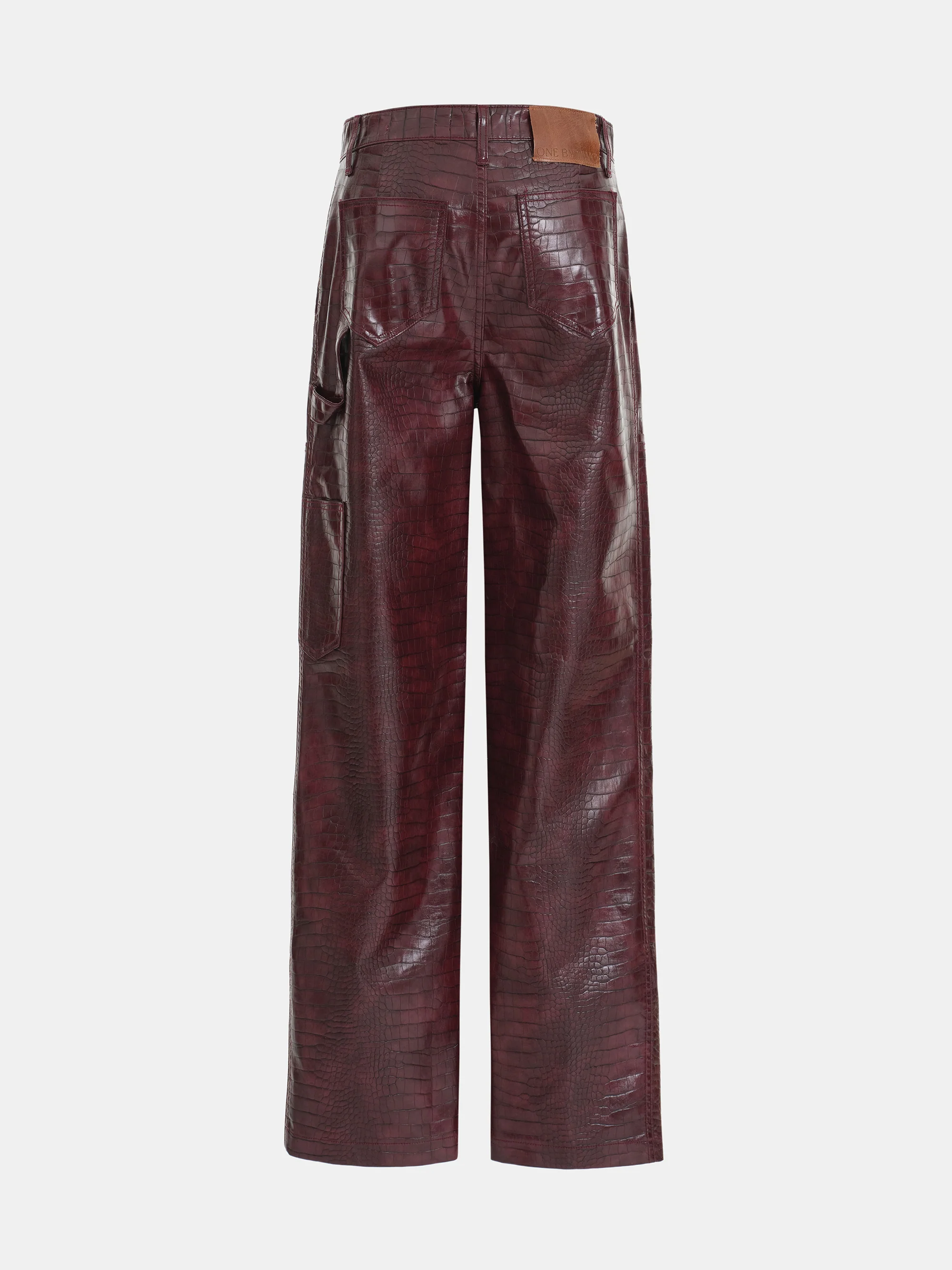 Croc-Embossed Coated Faux-Leather Trousers, Wine - Image 7