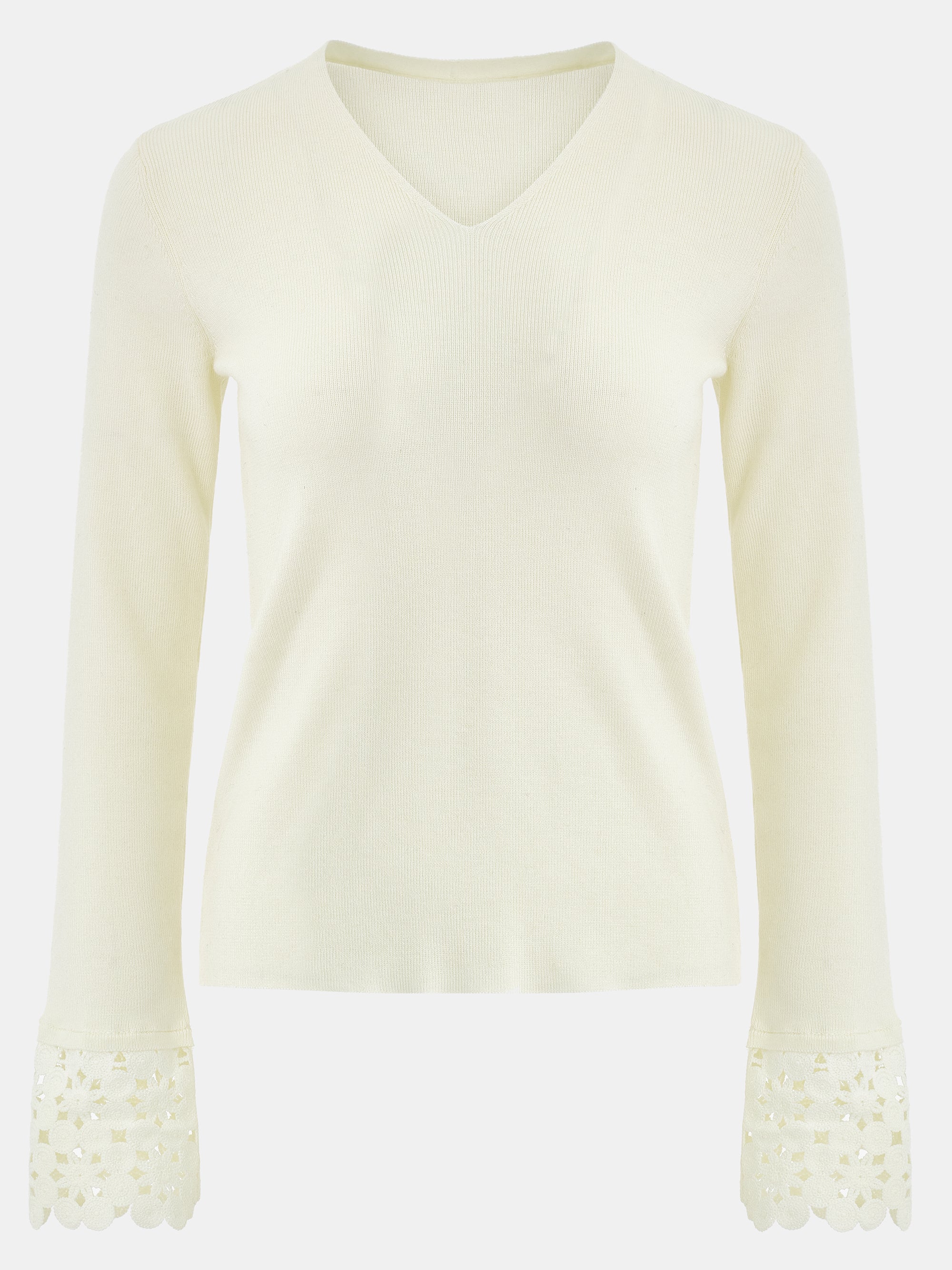 Crochet Cuff V-Neck Knit Top, Ivory