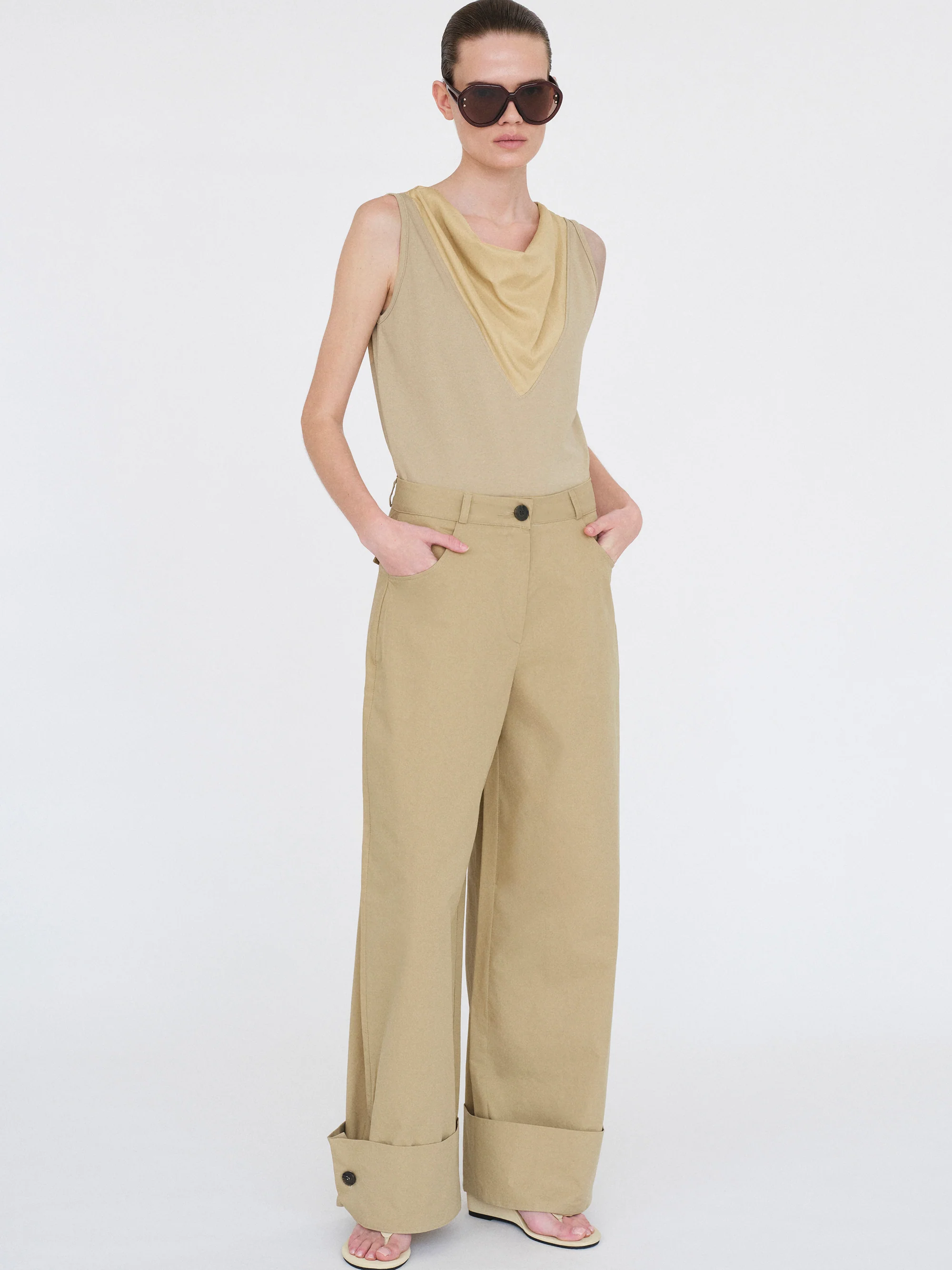 Cuffed Wide-Leg Trousers, Beige - Image 2