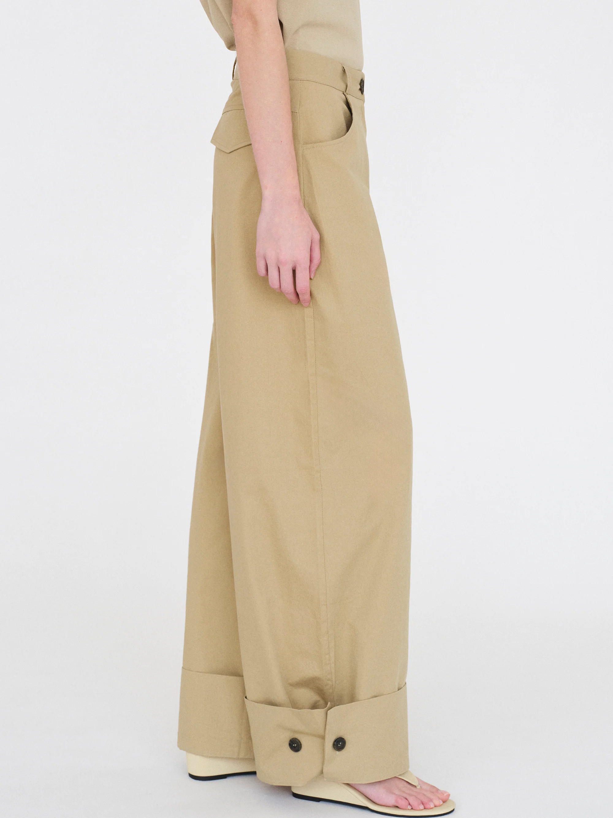 Cuffed Wide-Leg Trousers, Beige - Image 3