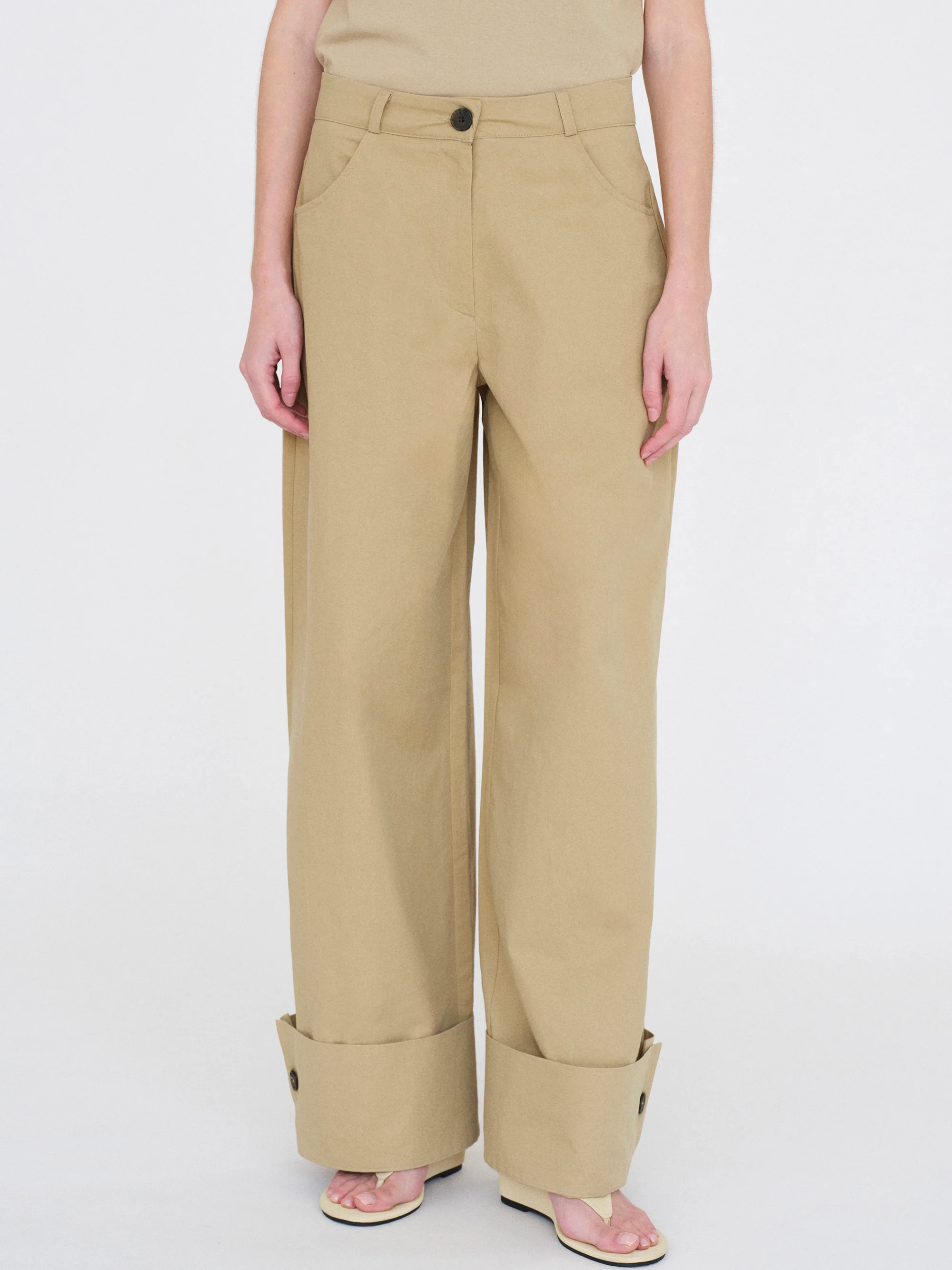 Cuffed Wide-Leg Trousers, Beige - Image 4