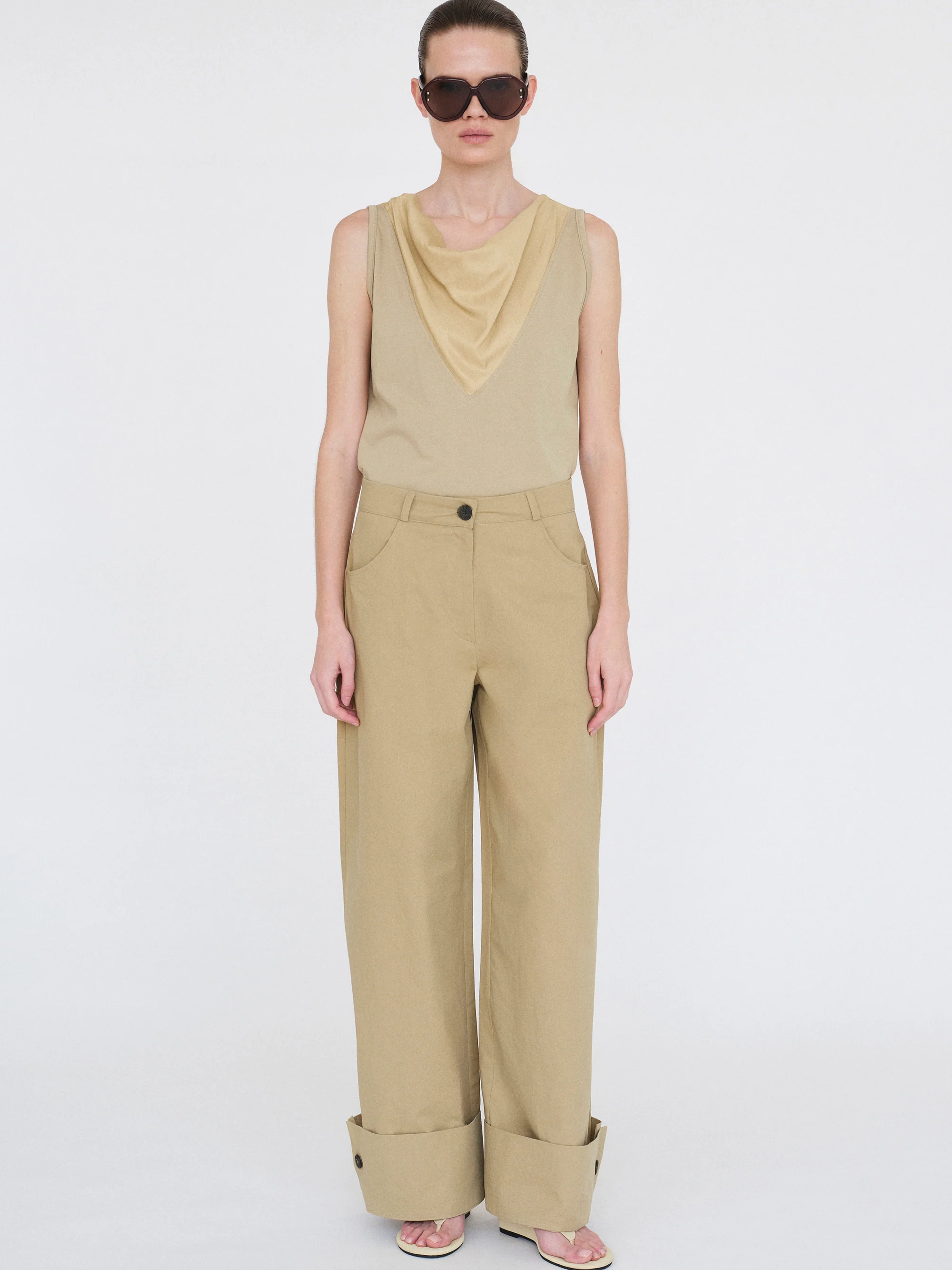 Cuffed Wide-Leg Trousers, Beige - Image 5