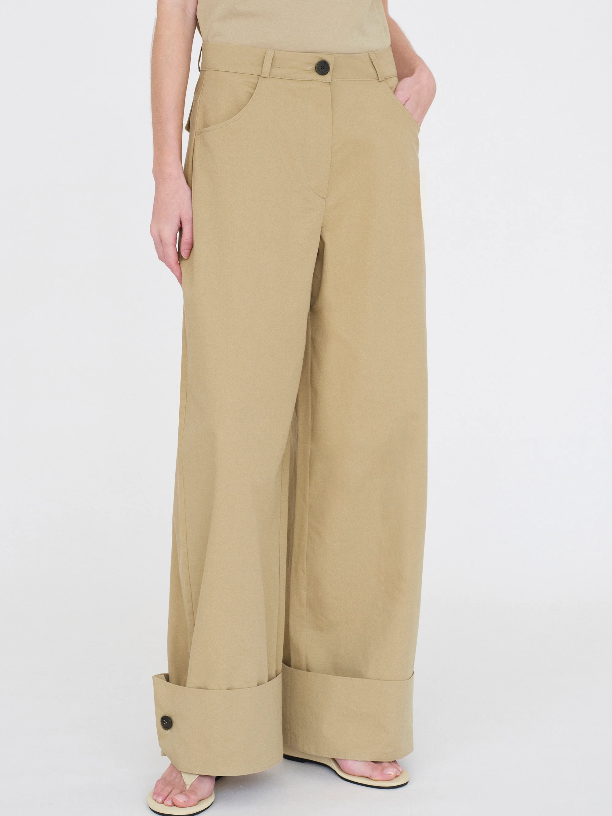 Cuffed Wide-Leg Trousers, Beige - Image 7